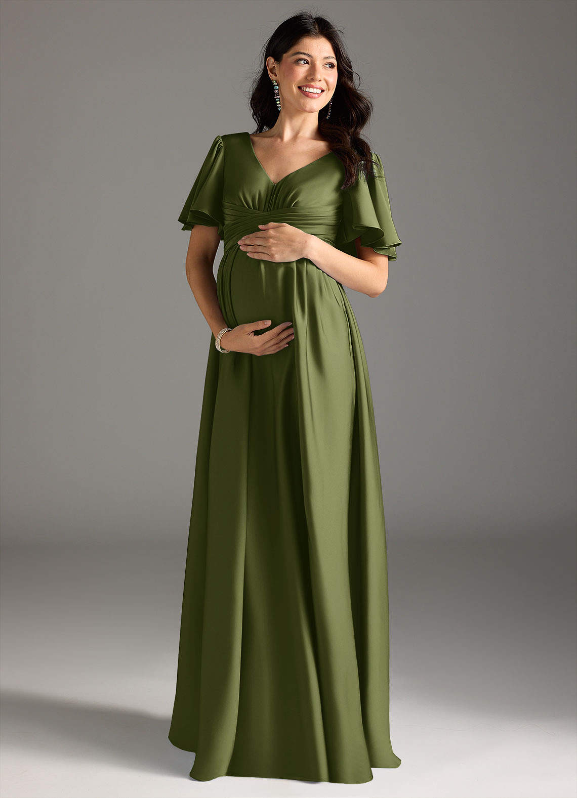 Azazie Verna vestidos de dama de honor de maternidad Vestido de Corte en A Volante Hasta el suelo Satén Elástico image2