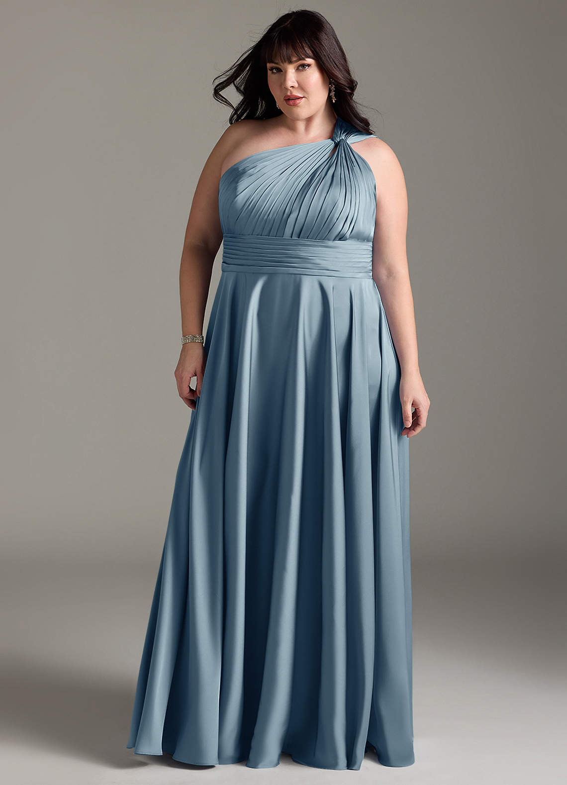 Azazie Charlize Bridesmaid Dresses Dusty Blue A-Line One Shoulder Stretch Satin Dress image12