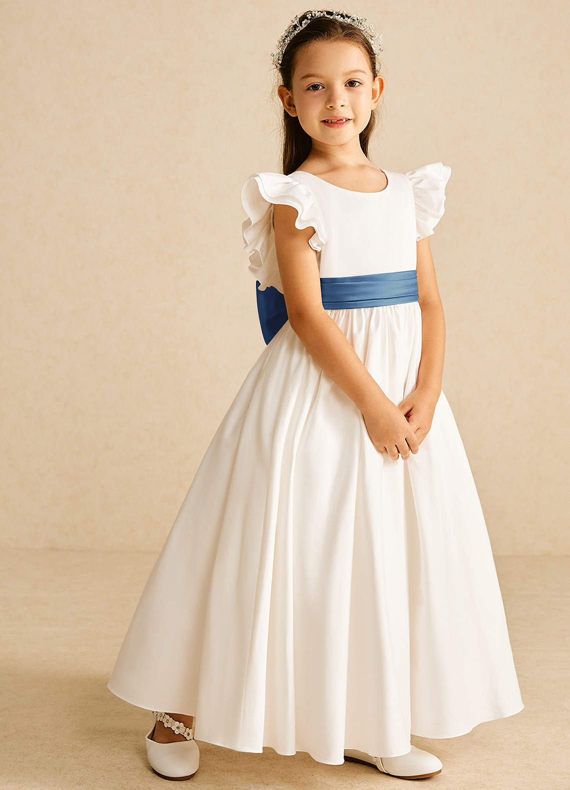 Azazie Aero Flower Girl Dresses Ivory Steel Blue A-Line Pleated Cotton Dress image4