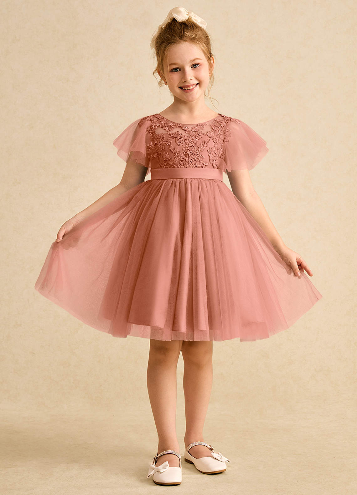 Azazie Queenie Robe Demoiselle D'honneur Fillette Robe Trapèze en Dentelle Mai Tai image1