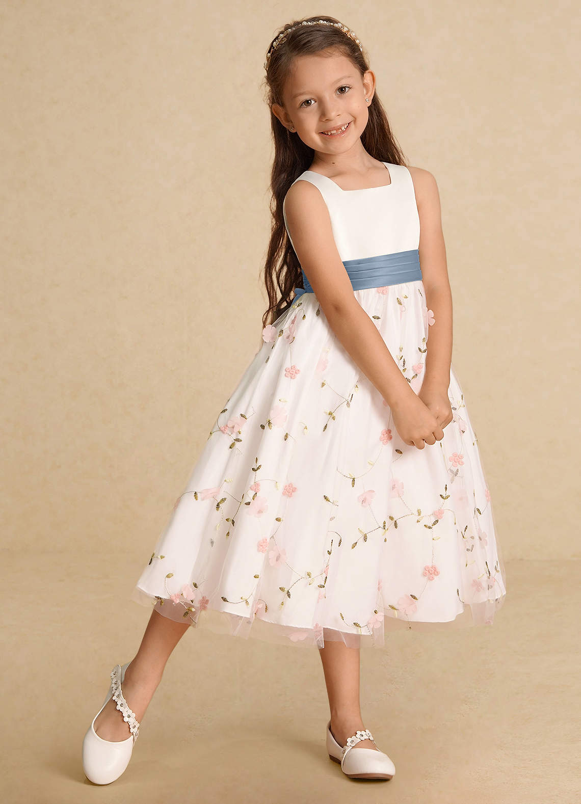 Azazie Pollie Flower Girl Dresses Blushing Pink Dusty Blue A-Line Bow Tulle Dress image7