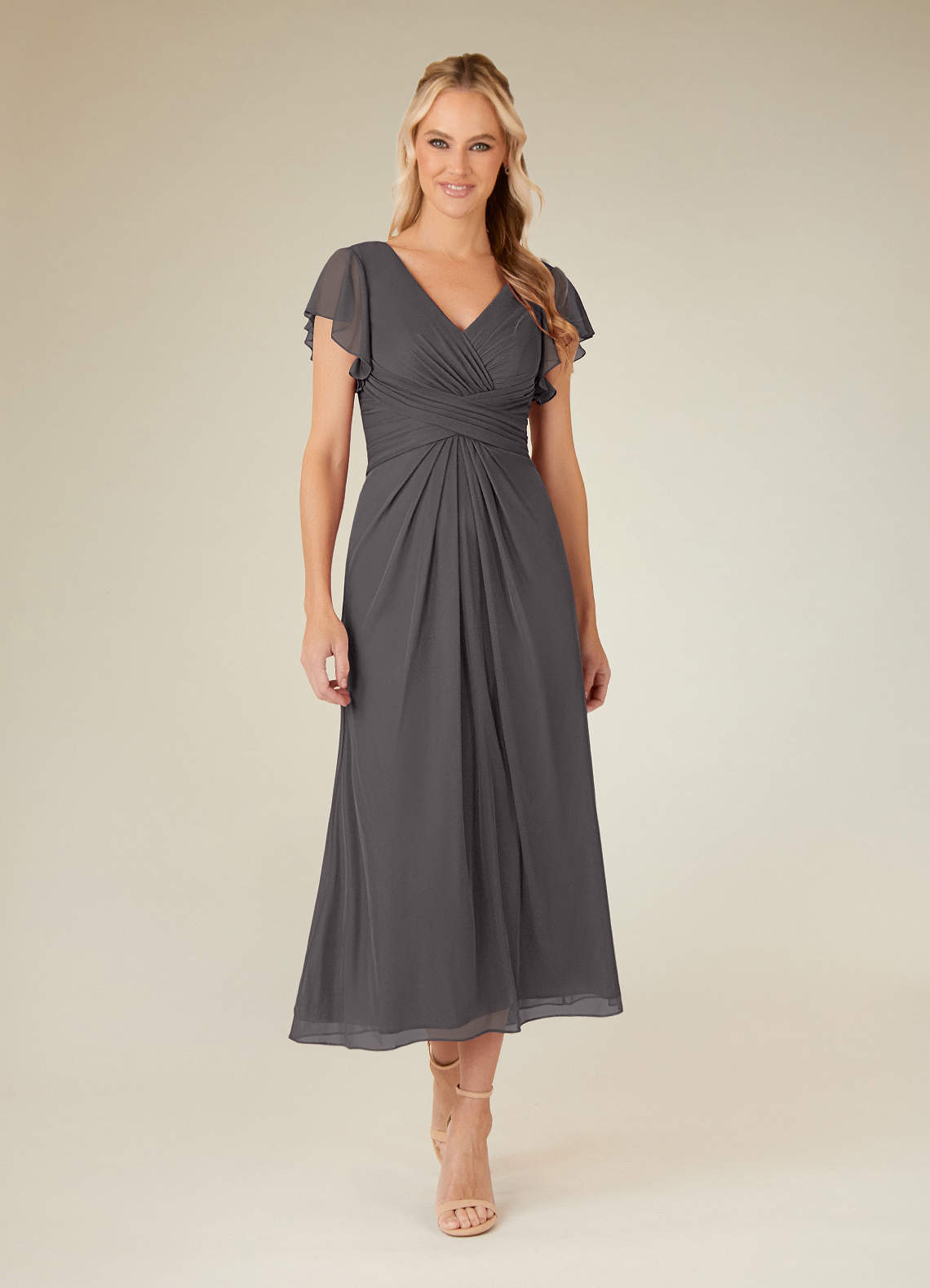 Azazie Vera Mother of the Bride Dresses Steel Grey A-Line V-Neck Pleated Mesh Dress image1