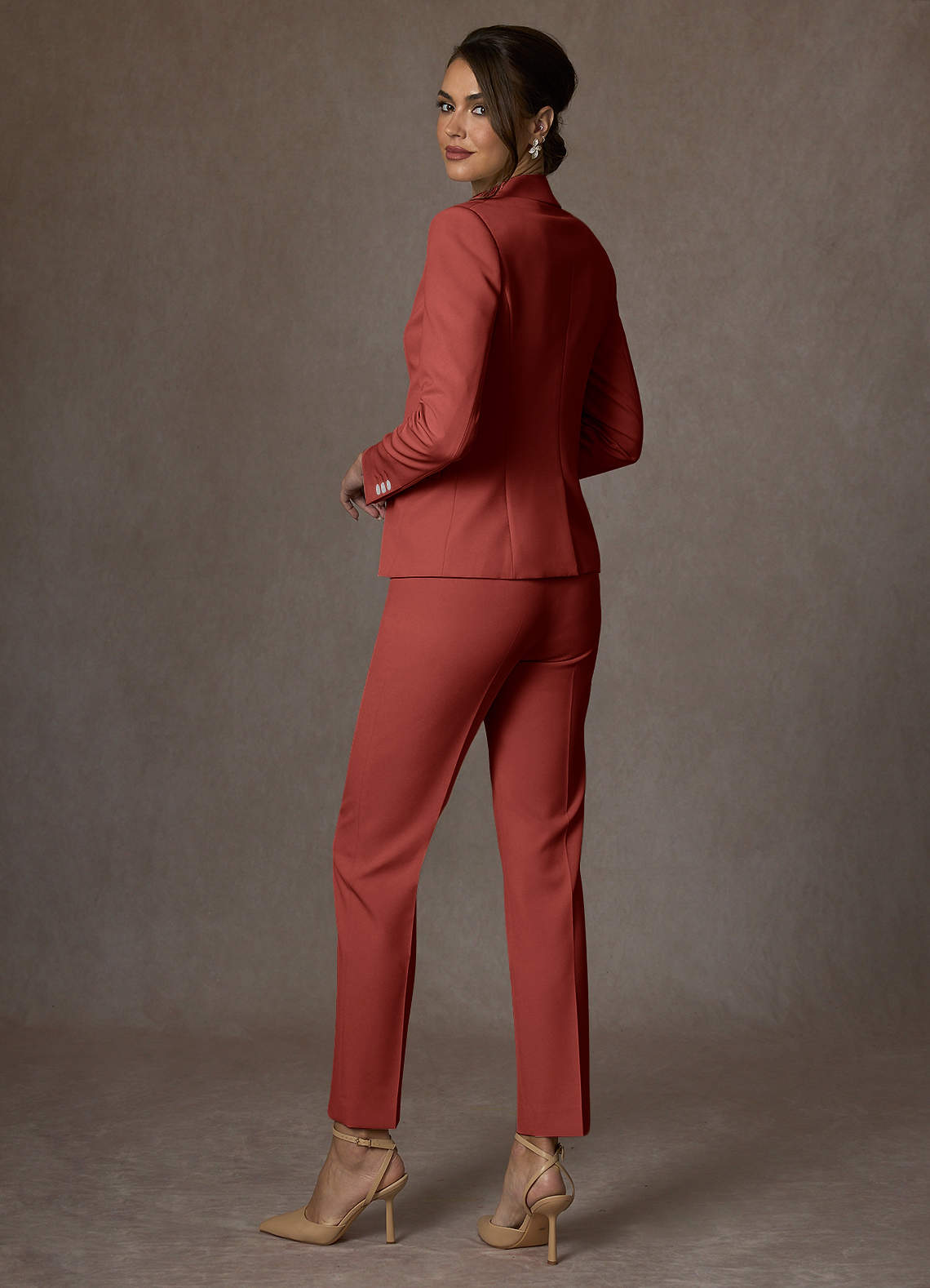 front Whitney Terracotta Structured Stretch Full Length Pants Suit