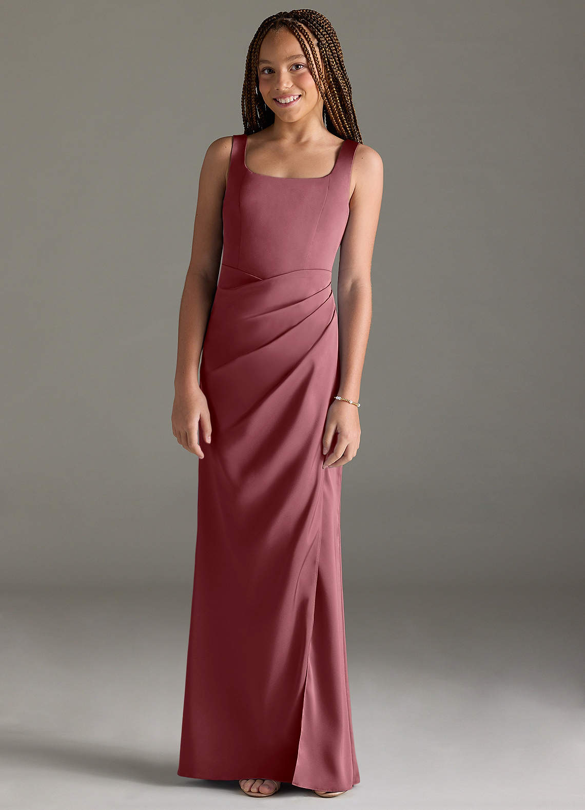 Azazie Mero Junior Desert Rose Mermaid Pleated Stretch Satin Dress image1