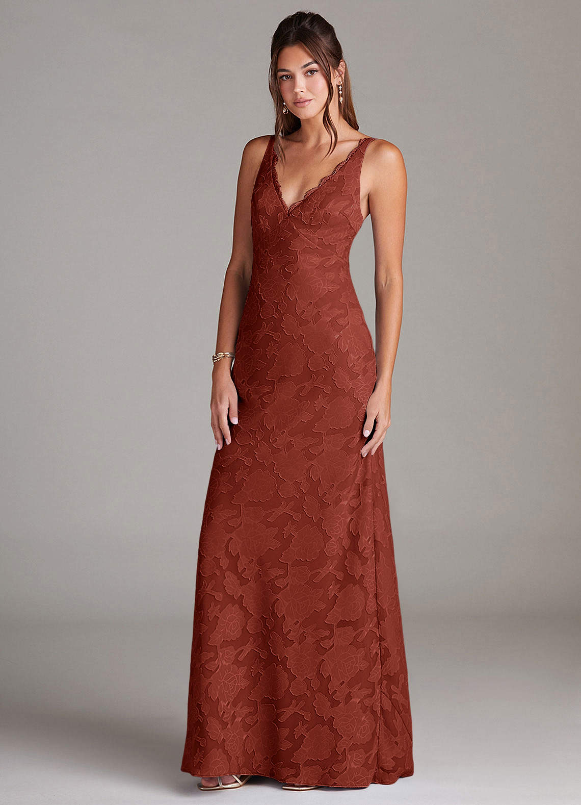 Azazie Tianna Bridesmaid Dresses Terracotta Sheath Lace Floral Burnout Dress image3