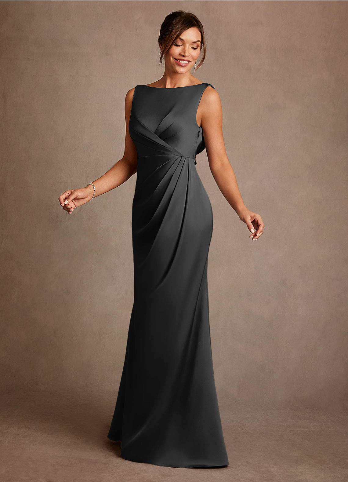 Azazie Baltimore Mother of the Bride Dresses Black A-Line Pleated Stretch Satin Dress image2