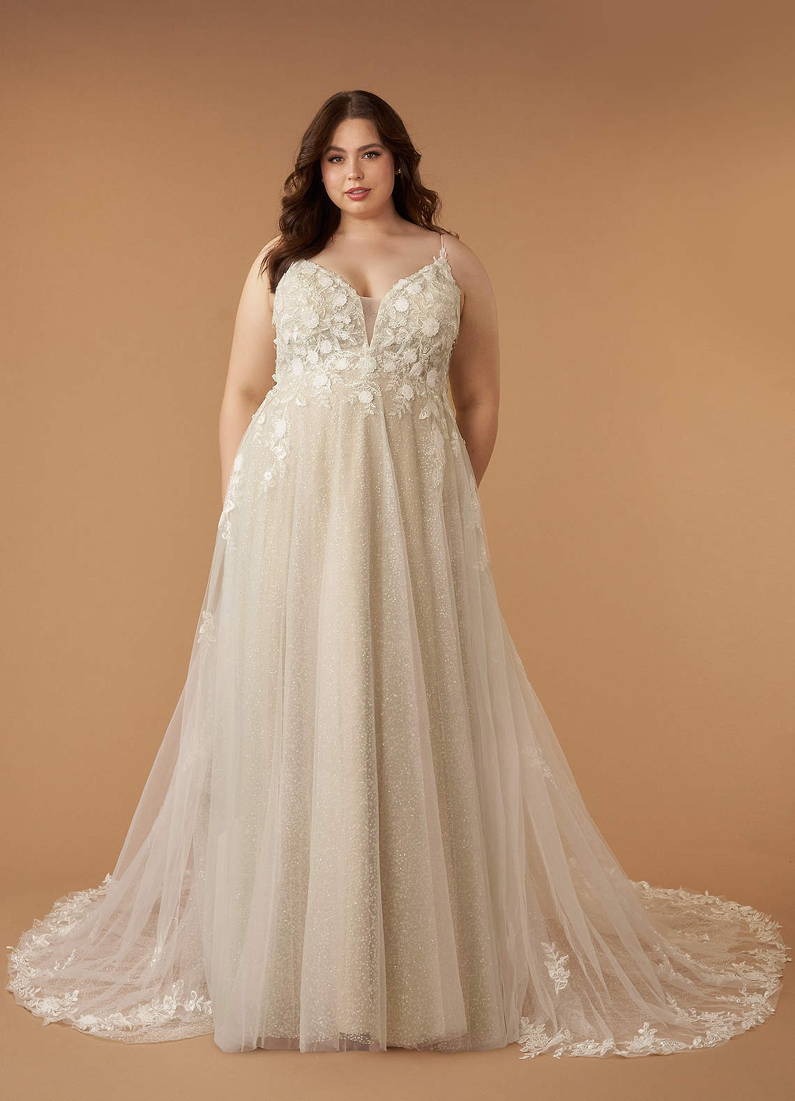 Azazie Arabelle Wedding Dresses Diamond White Nude A-Line V-Neck Lace Tulle Dress image1