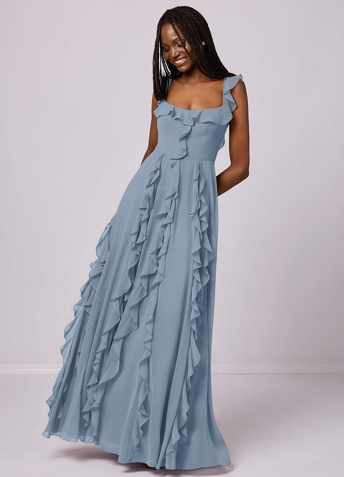 Barbie ♥ Azazie Bridesmaid Dresses Dusty Blue A-Line with Pockets Chiffon Dress image4