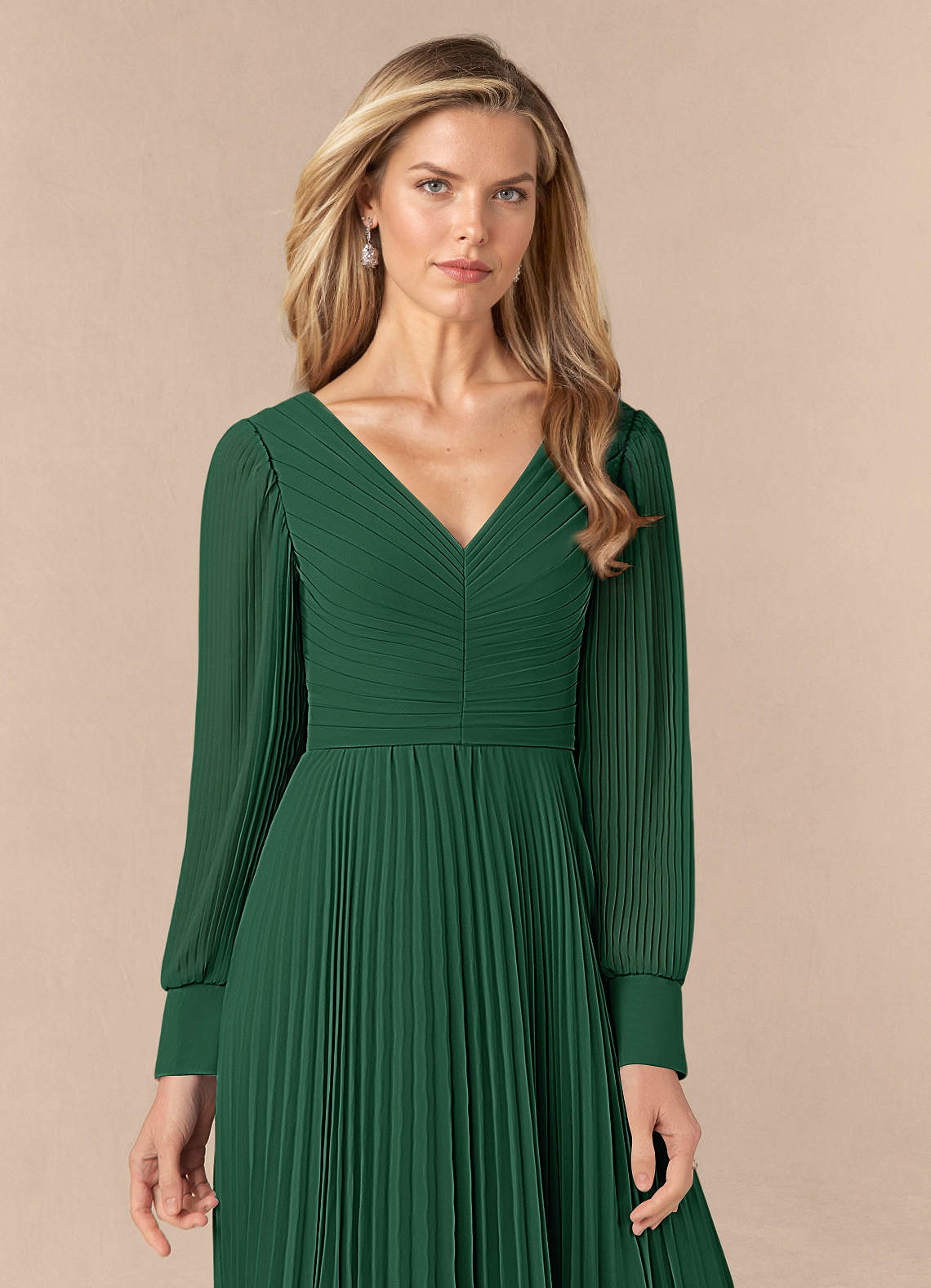 Azazie Zina Dark Green A-Line Pleated Chiffon Dress Ready to Ship