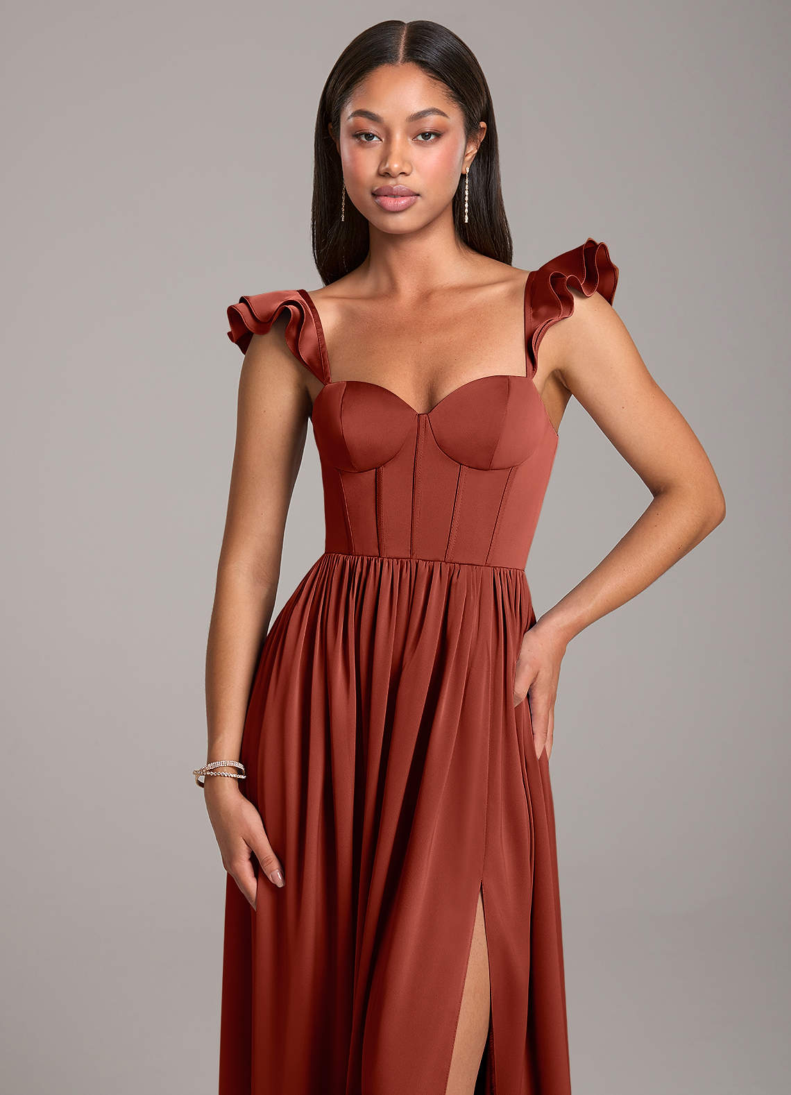 アットラスト ドレスサスペンダー Azazie Denisse Terracotta Stretch Satin Bridesmaid Dresses | Azazie