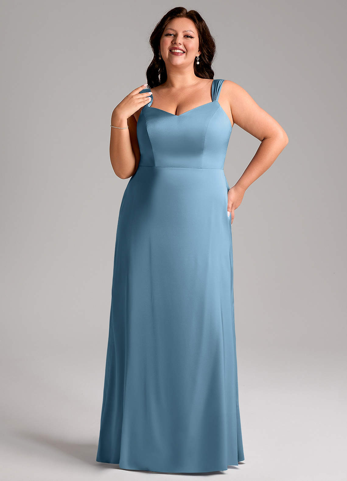 Azazie Denice Bridesmaid Dresses Steel Blue Sheath Pleated Stretch Satin Dress image9