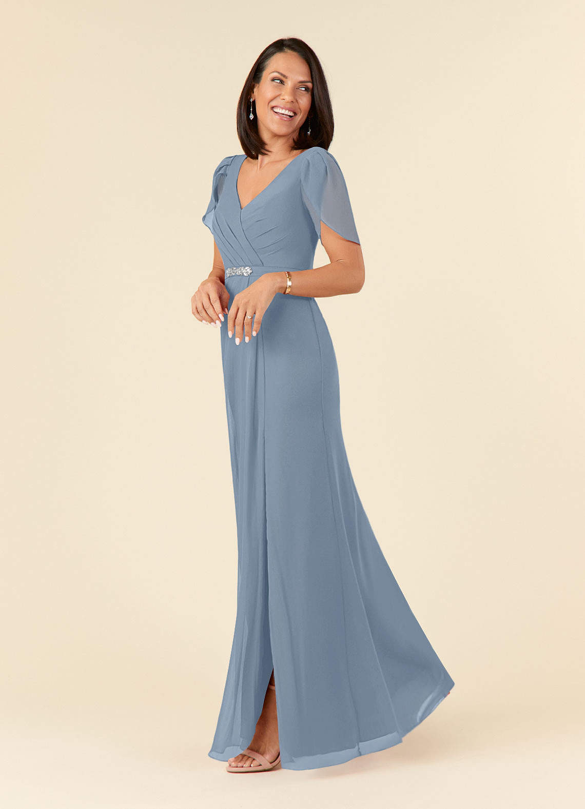 Azazie Marianne Mother of the Bride Dresses Dusty Blue Sheath V-Neck Pleated Chiffon Dress image2