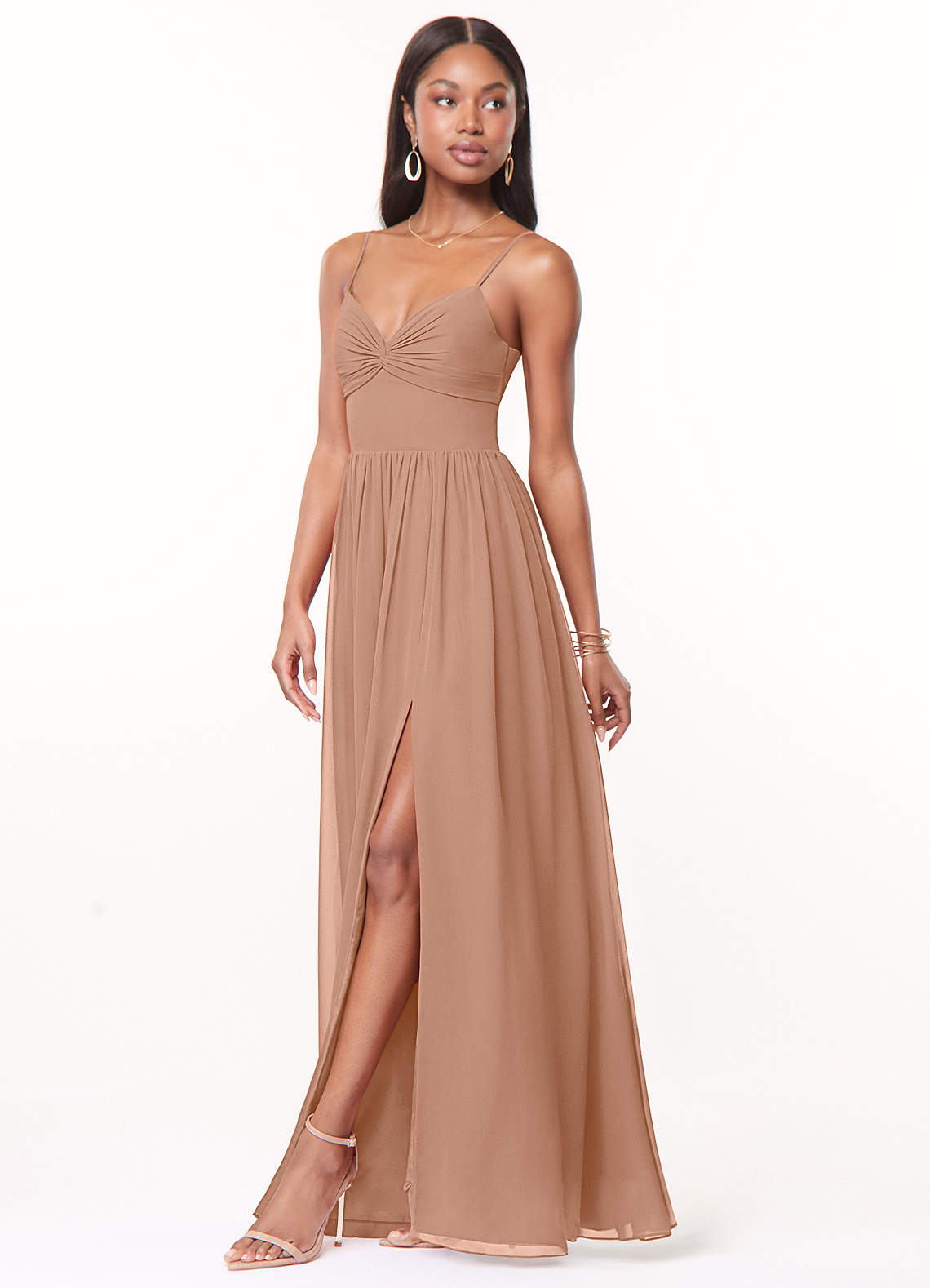 Azazie Zeya Bridesmaid Dresses Champagne Rose A-Line V-Neck Pleated Chiffon Dress image3