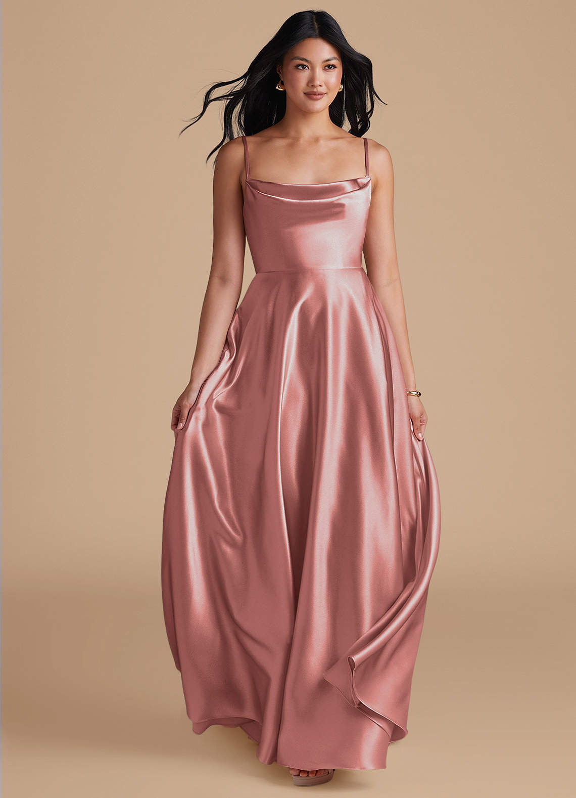 Azazie Elle Bridesmaid Dresses Dusty Rose A-Line with Pockets Metallic Satin Dress image4