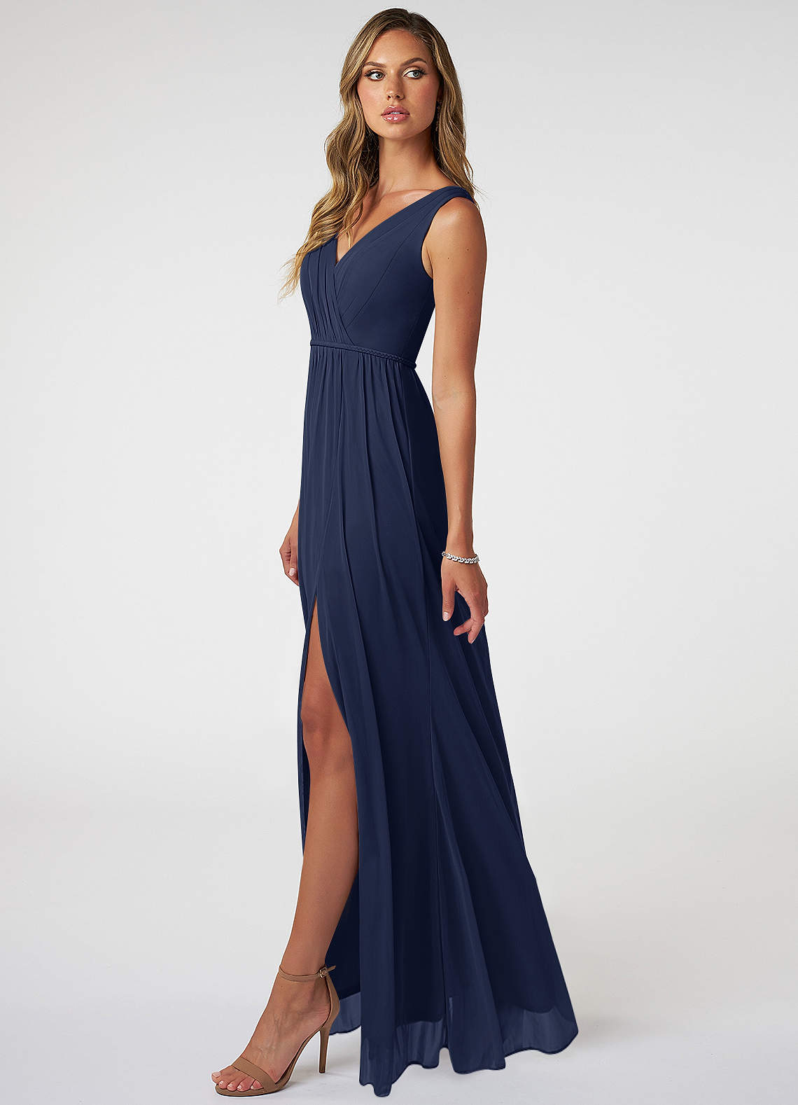 Azazie Tanicia Bridesmaid Dresses Dark Navy A-Line V-Neck Pleated Mesh Dress image2