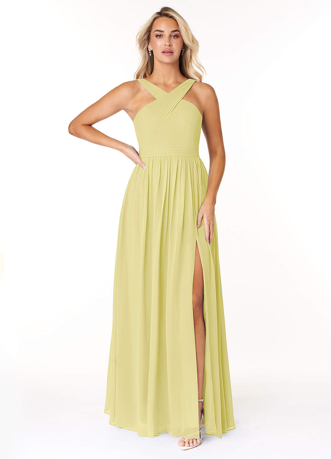 Azazie Elvira Bridesmaid Dresses Lemon Sorbet A-Line Pleated Chiffon Dress image1