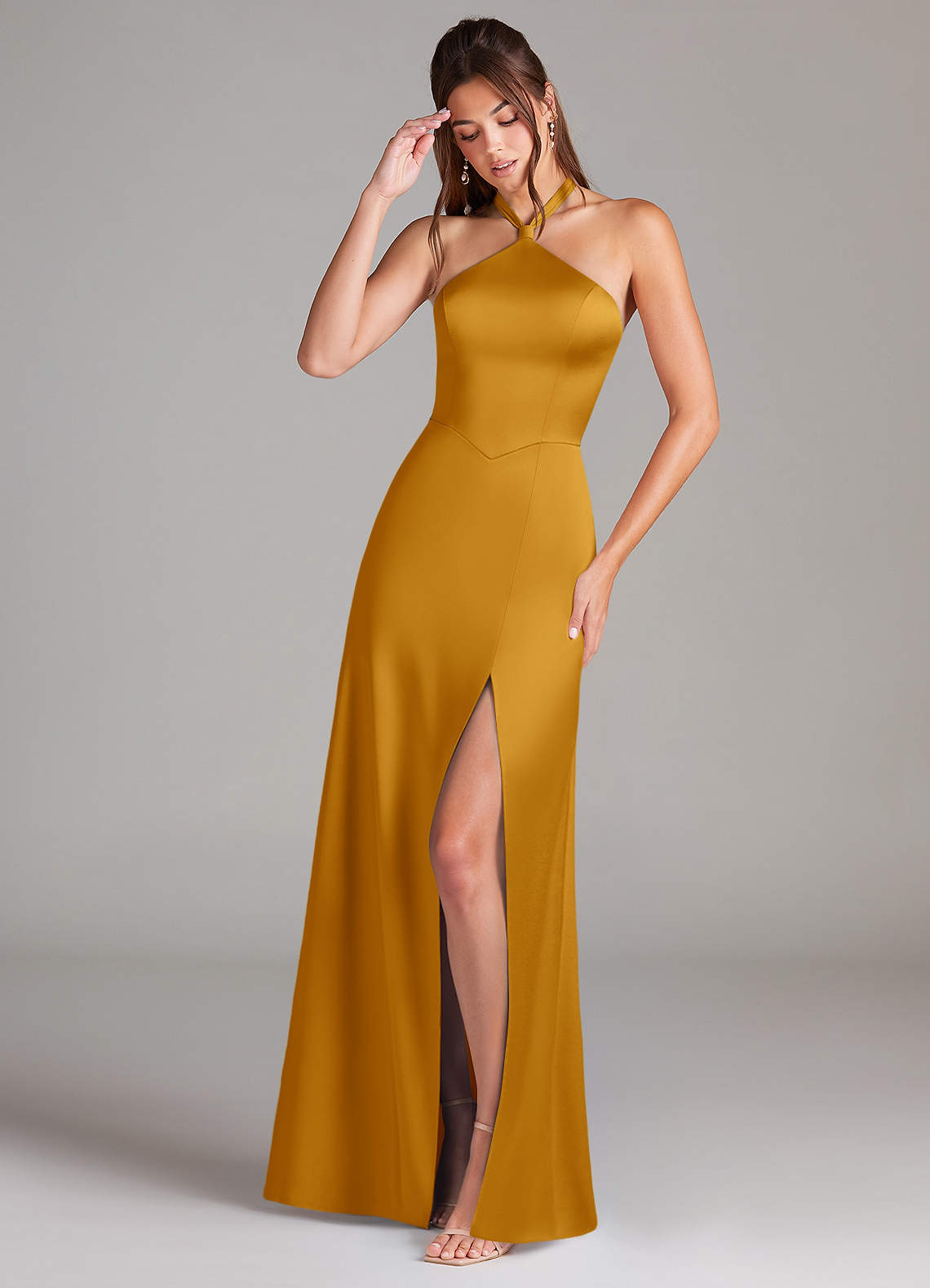 Azazie Elliana Bridesmaid Dresses Butterscotch A-Line Side Slit Stretch Satin Dress image1
