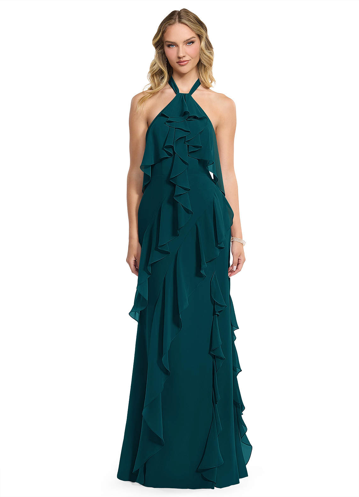 Azazie Velma Bridesmaid Dresses Pine A-Line Side Slit Chiffon Dress image1