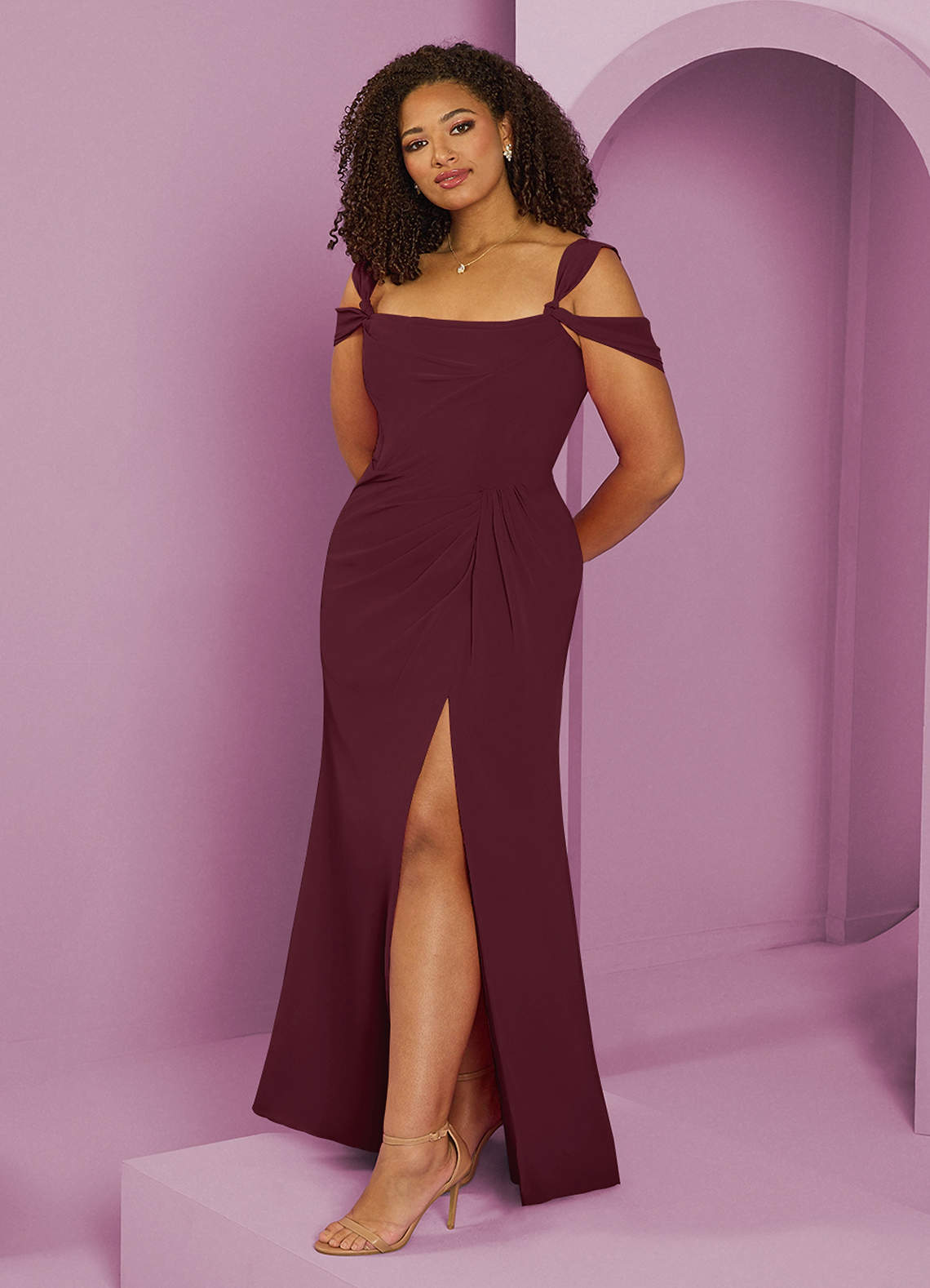 Barbie ♥ Azazie Bridesmaid Dresses Cabernet A-Line Off the Shoulder Chiffon Dress image1
