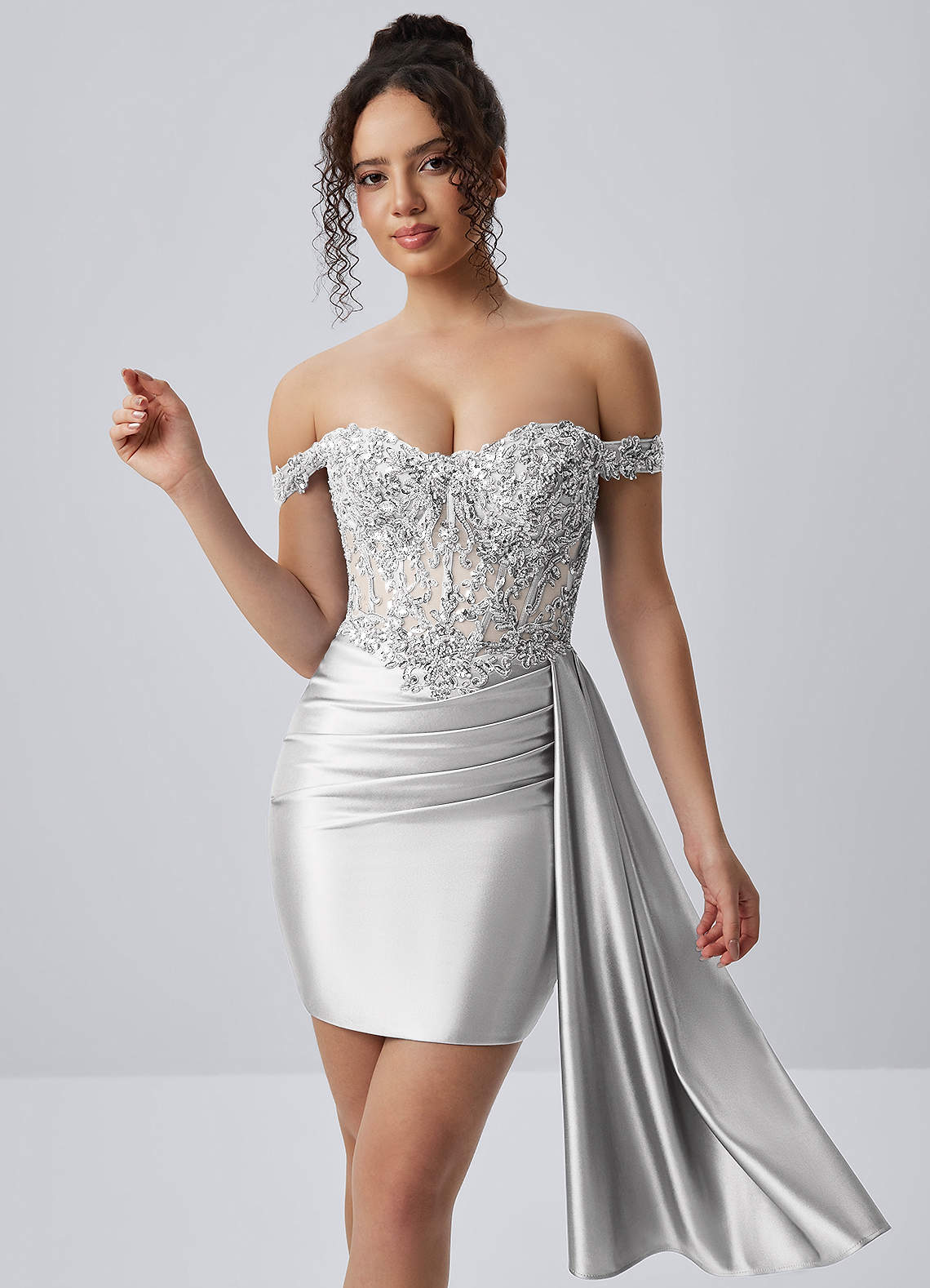Oralien Silver Beading Sequin Embroidery Stretch Satin Ruffles Corset Lace-Up Mini Dress