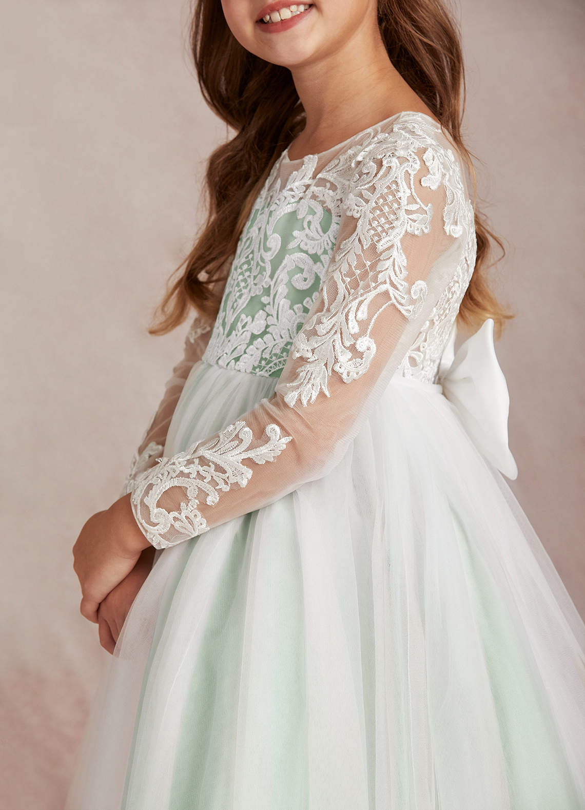 Azazie Elodie Robe Demoiselle D'honneur Fillette Robe Princesse en Dentelle Ivoire Agave image6