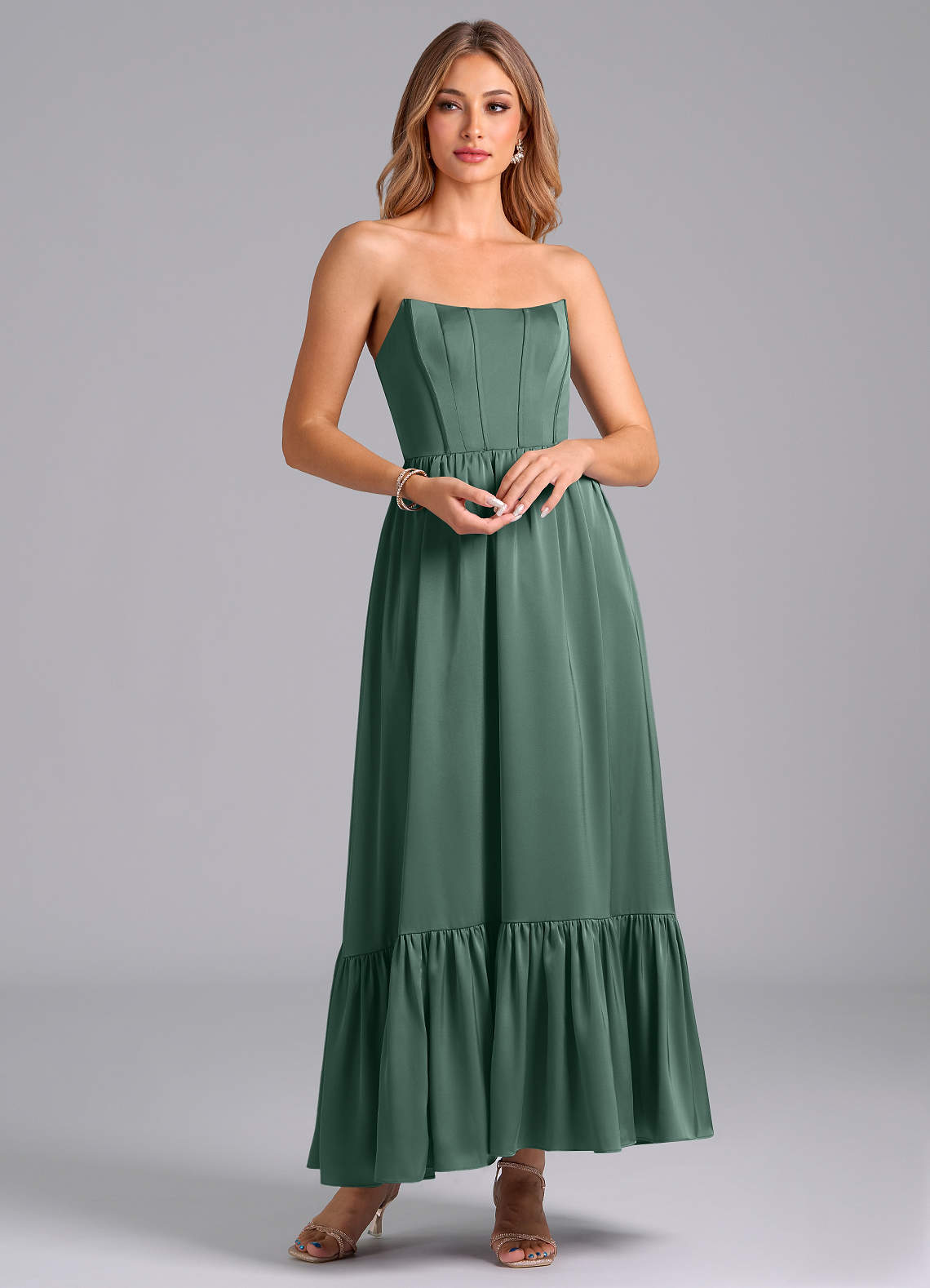 Azazie Leilana Bridesmaid Dresses Eucalyptus A-Line Corset Stretch Satin Dress image1