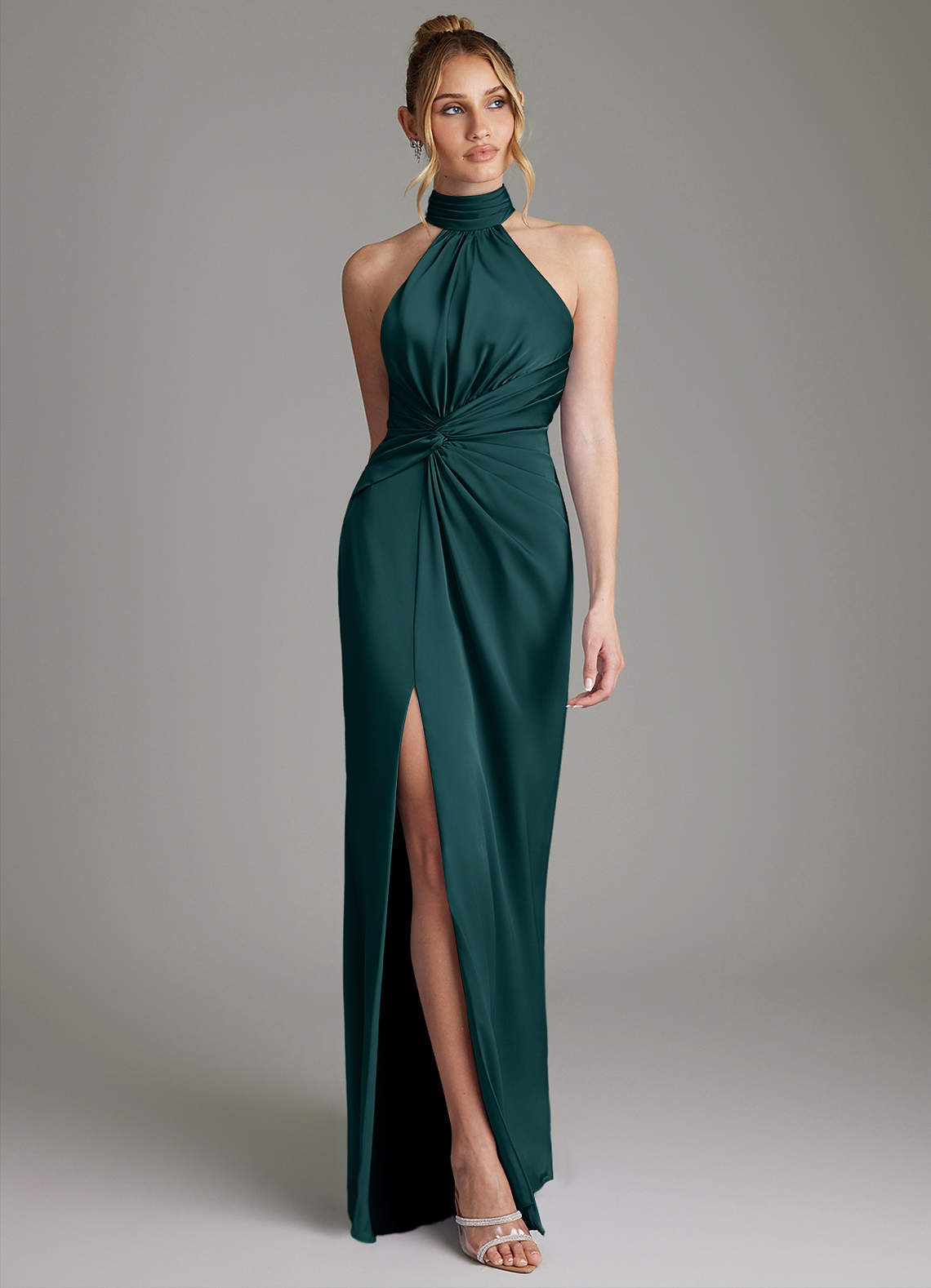 satin pleated bridesmaid dress Azazie Gracelynn Shoulder Pleated Stretch Satin