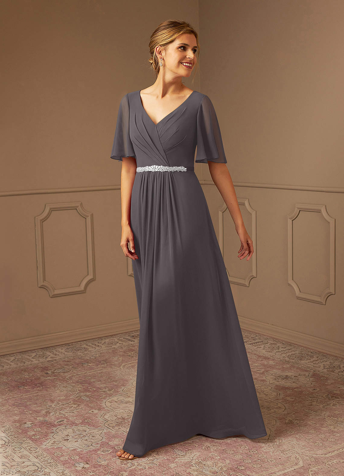 Azazie Tricia Kleider für die Brautmutter A-Linie V-Hals Gefaltet Chiffon Kleid Stahlgrau image1