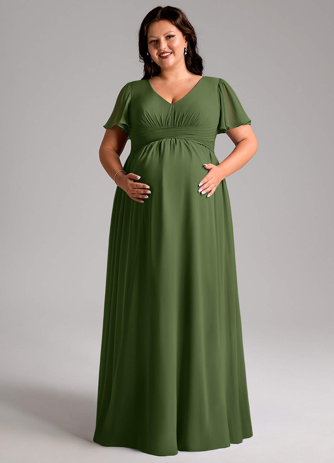 Azazie Verna vestidos de dama de honor de maternidad Vestido de Corte en A Cuello en V fruncido Hasta el suelo Gasa image10
