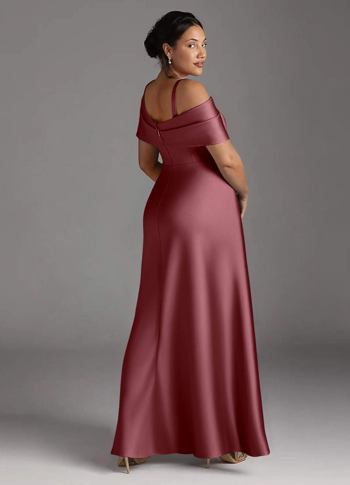 Azazie Milton Mother of the Bride Dresses Desert Rose A-Line Pleated Stretch Satin Dress image11
