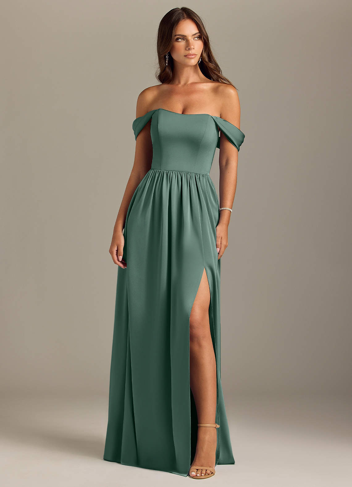 Azazie Calianna Bridesmaid Dresses Eucalyptus A-Line Off the Shoulder Stretch Satin Convertible Dress image1