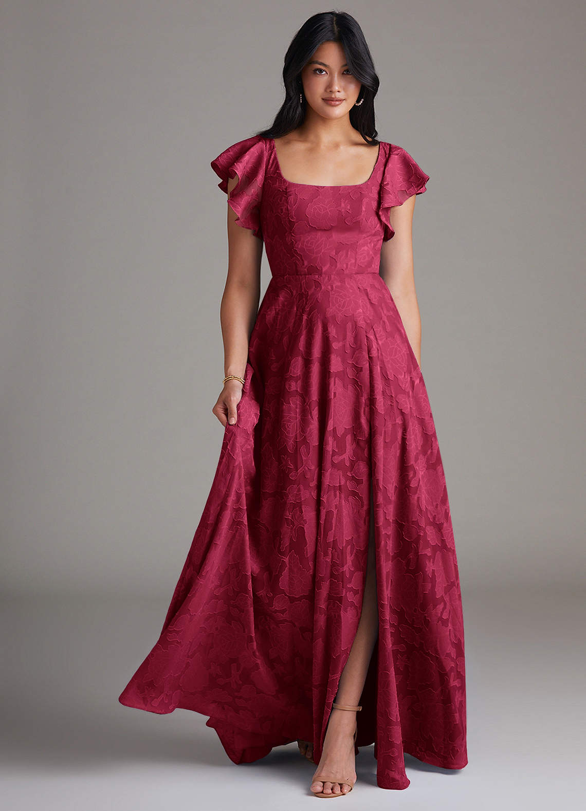 Azazie Bondi Robes de demoiselle d'honneur Robe Trapèze en Blumen-Burnout Fente Latérale Bourgogne image1