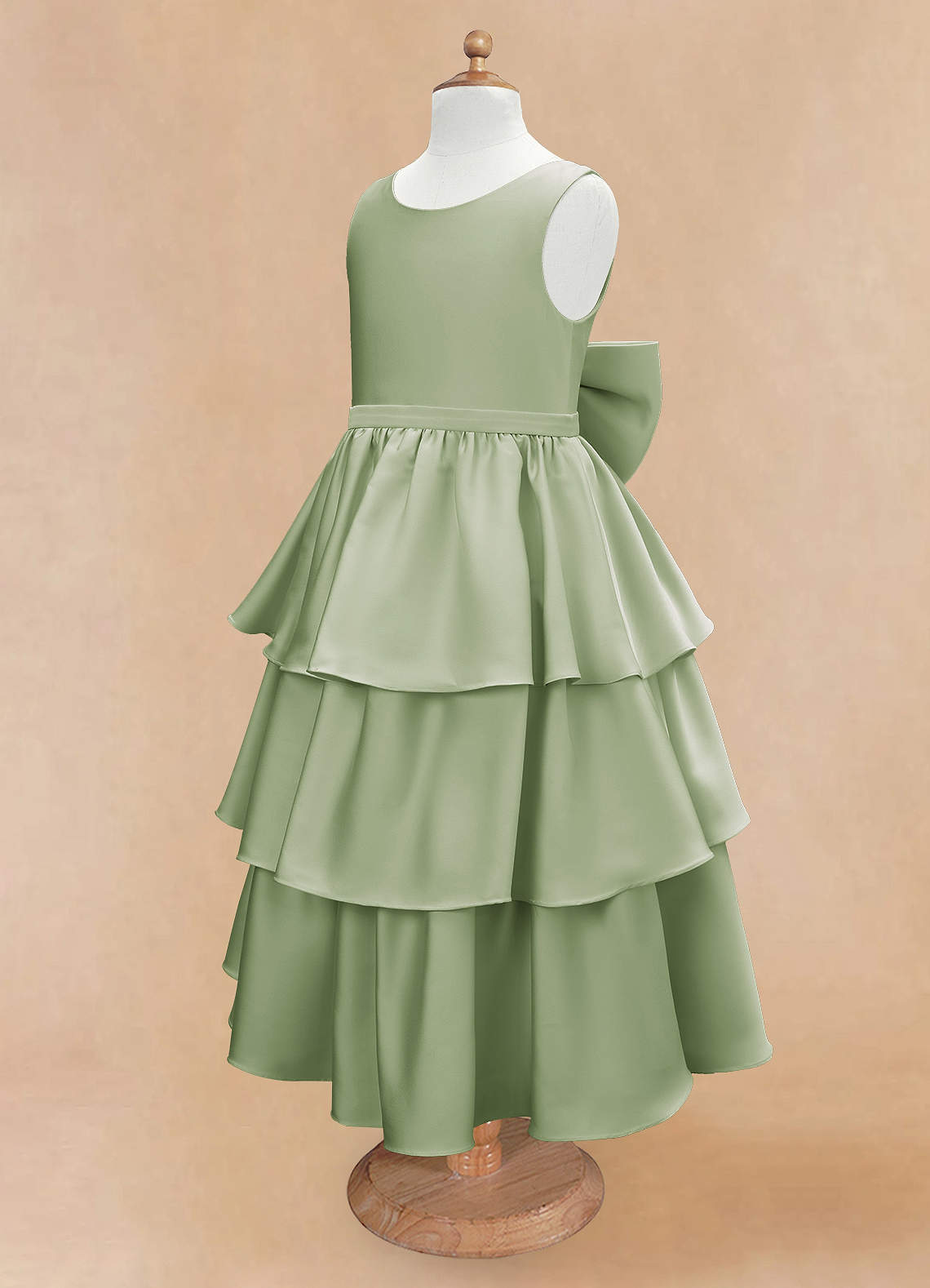 Azazie Margie Flower Girl Dresses Dusty Sage A-Line Bow Stretch Satin Dress image4