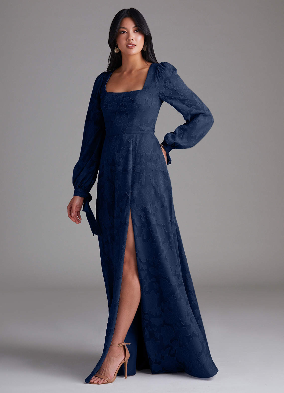 Azazie Leonia Bridesmaid Dresses Dark Navy A-Line Long Sleeve Floral Burnout Dress image1