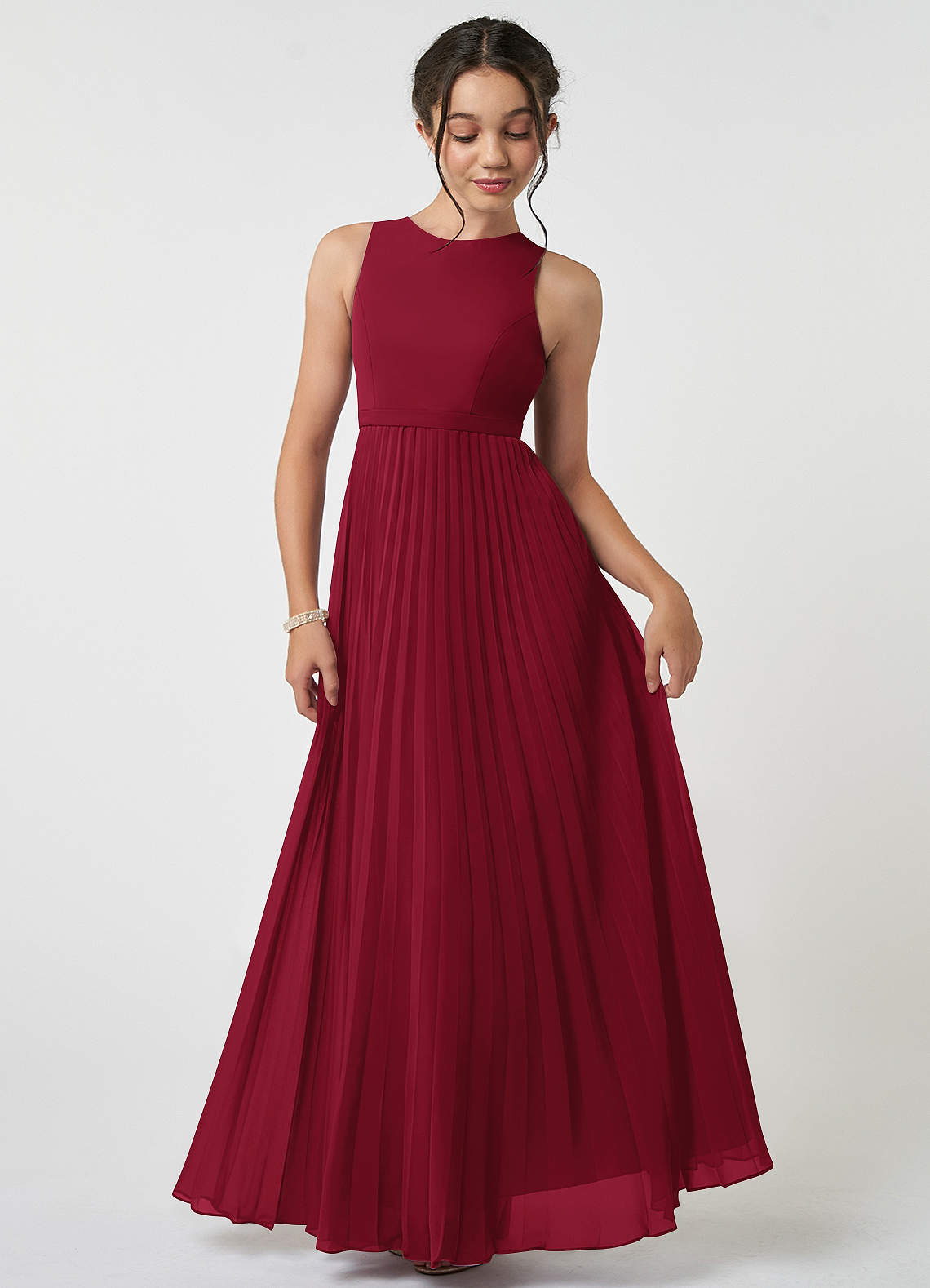 Azazie Lindie Junior Burgundy A-Line Pleated Chiffon Dress image1