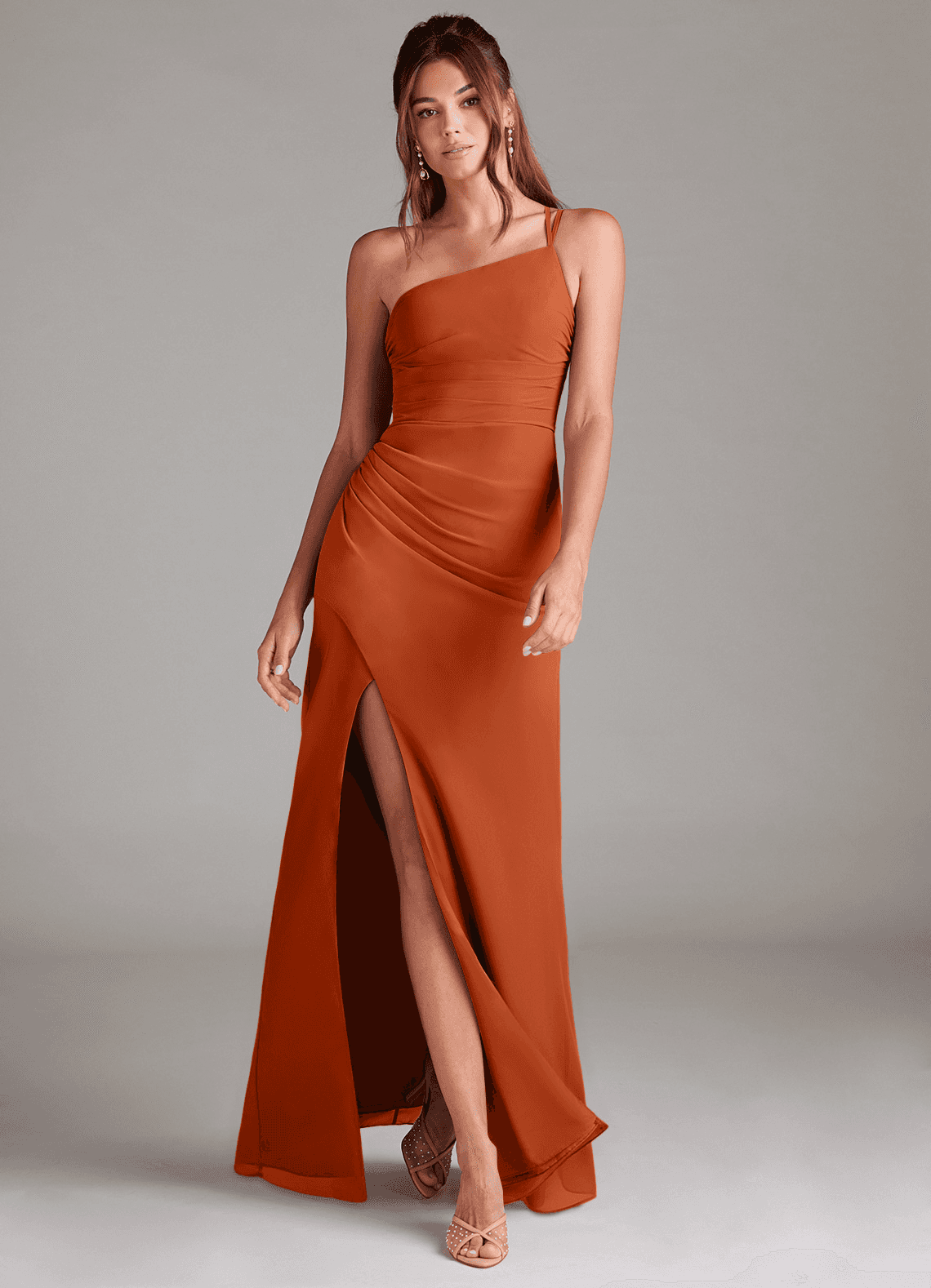 Azazie Eren Bridesmaid Dresses Burnt Orange Sheath One Shoulder Chiffon Dress image1