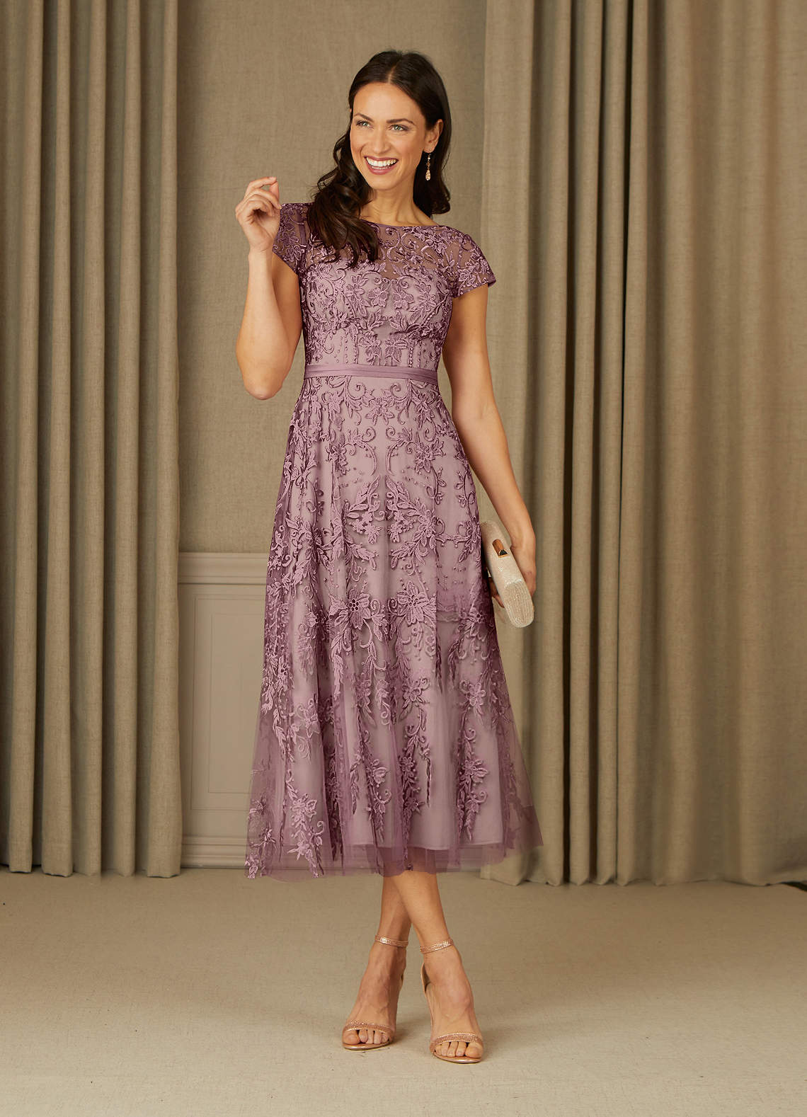 Azazie Sanna Dusty Rose Champagne A-Line Scoop Lace Tulle Dress