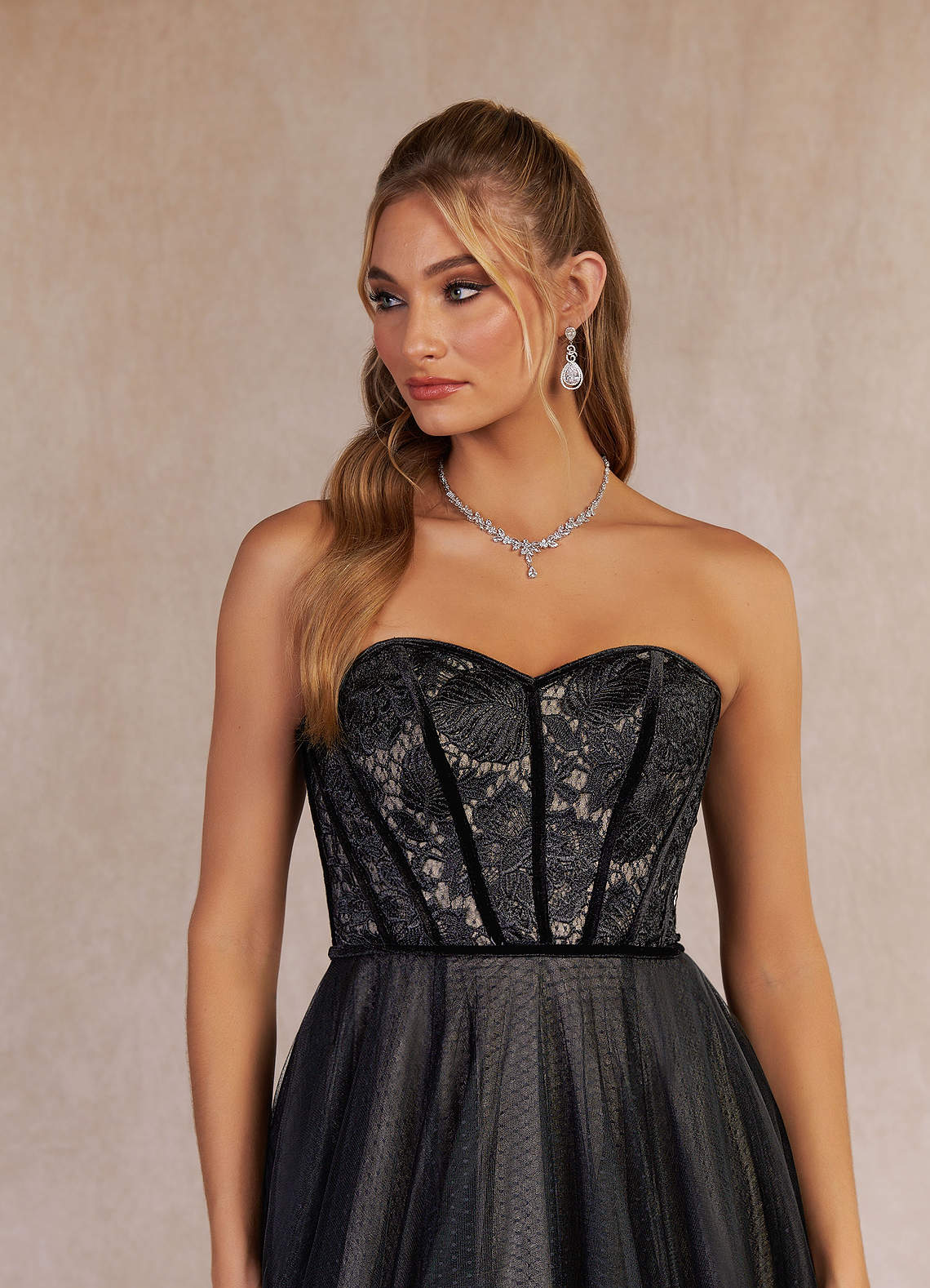 Azazie Persephone Black Champagne Ball-Gown Lace Tulle Dress | Azazie