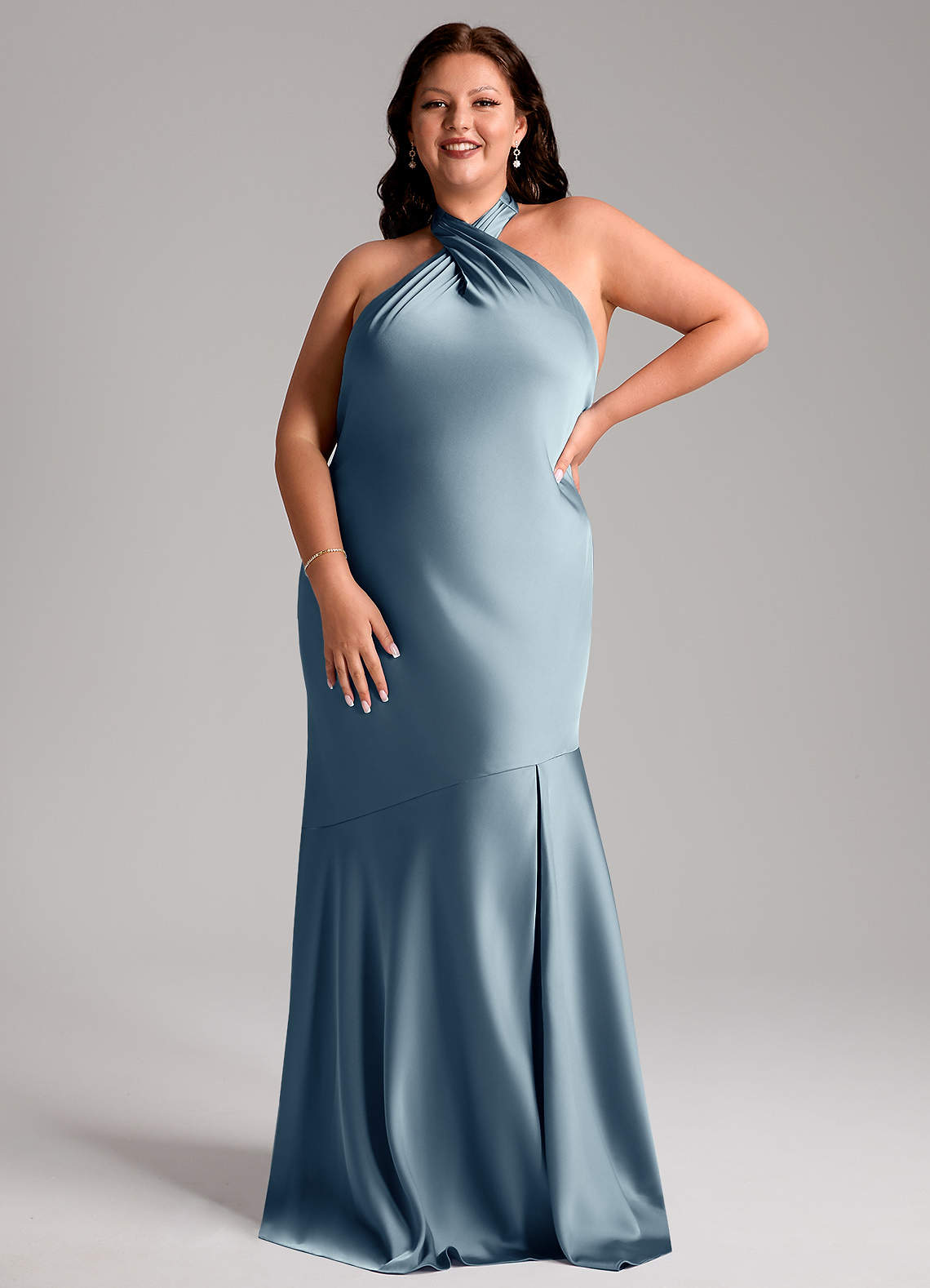 Azazie Lorena Bridesmaid Dresses Dusty Blue Mermaid Pleated Stretch Satin Dress image1