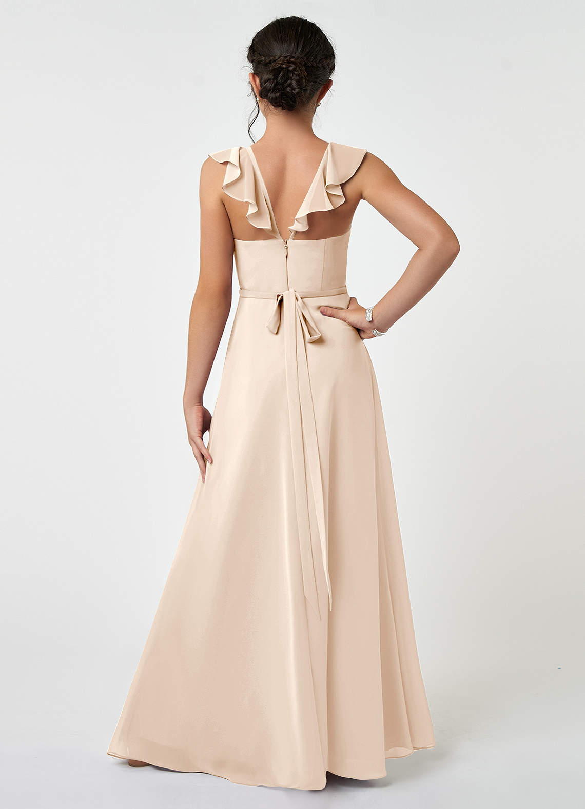 Azazie Emily Junior Robe Trapèze en Mousseline de soie Rayé Albâtre Blanc image1