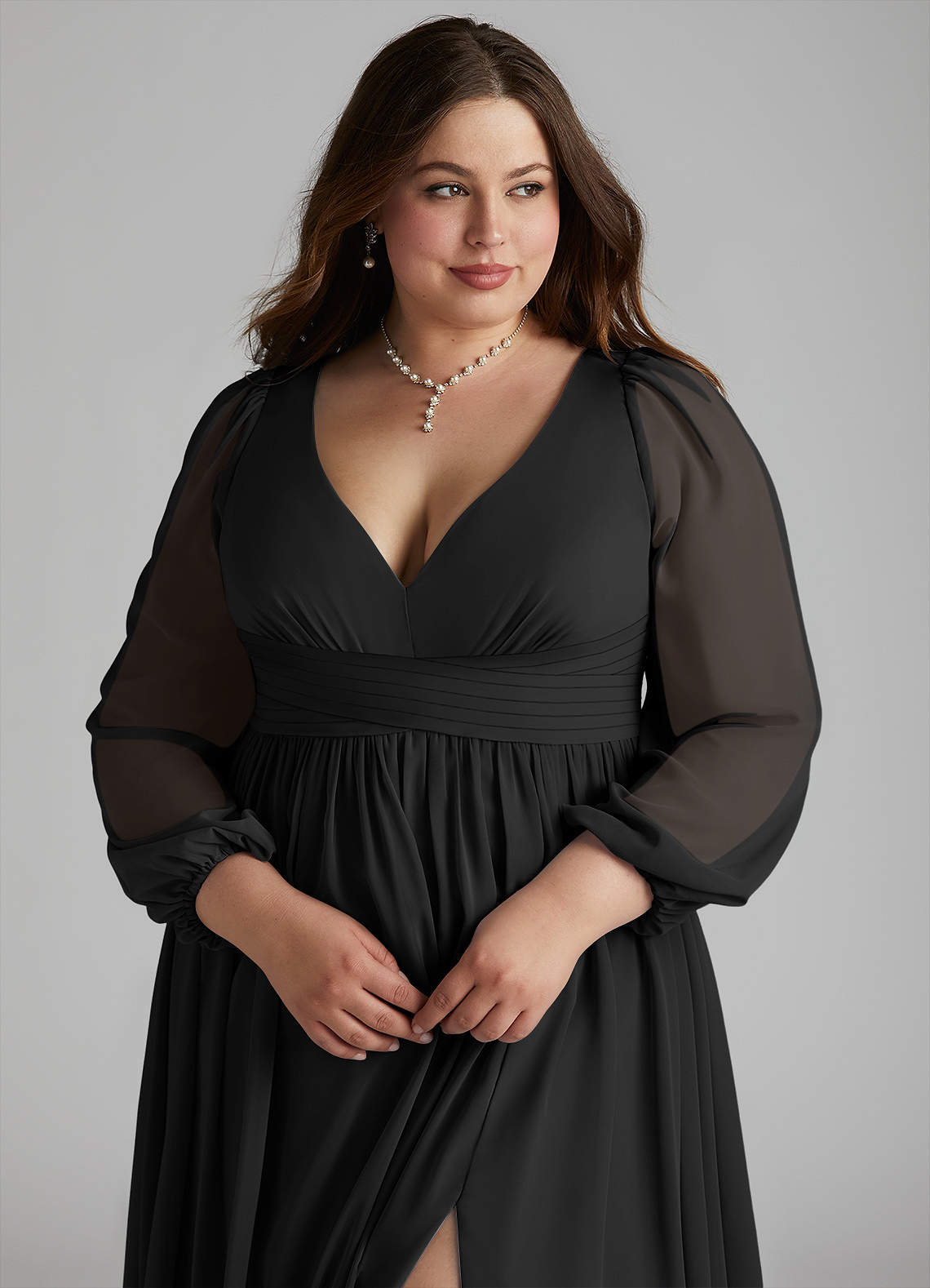 Azazie Norah Bridesmaid Dresses Black A-Line V-Neck Long Sleeve Chiffon Dress image9