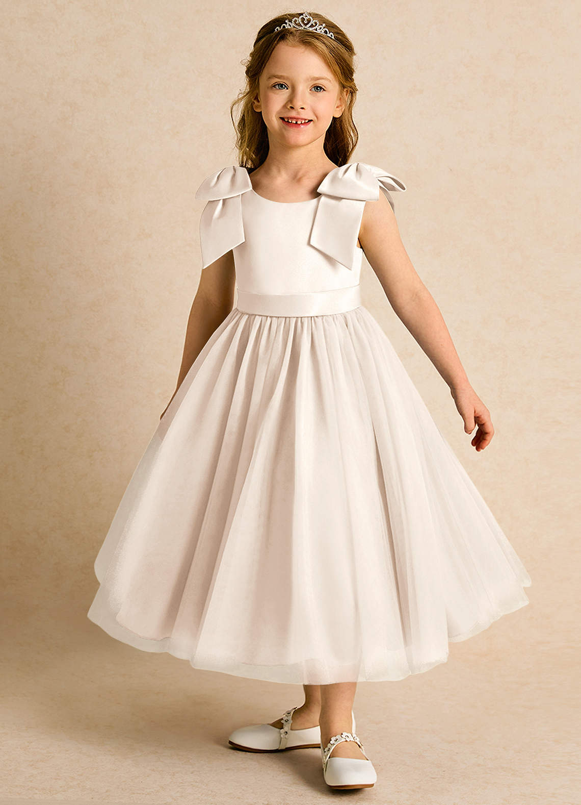 Azazie Serene Flower Girl Dresses White Alabaster Ball-Gown Bow Matte Satin Dress image1