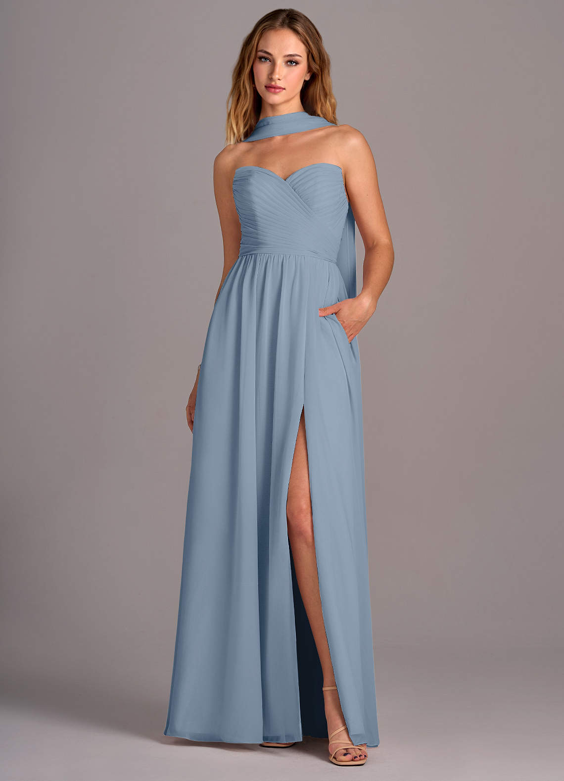Azazie Joni Bridesmaid Dresses Dusty Blue A-Line Strapless Chiffon Convertible Dress image1