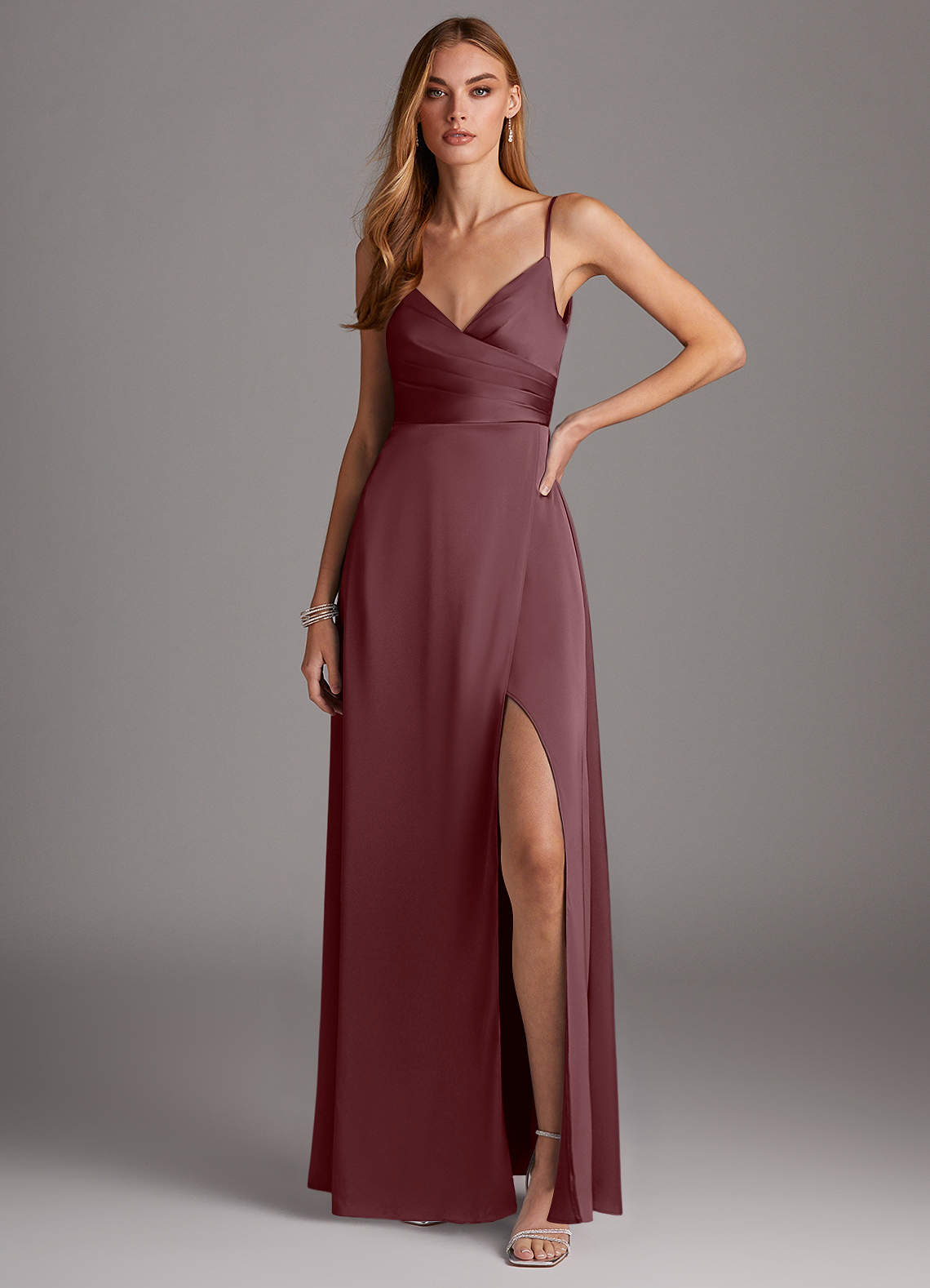 Azazie Calissa Bridesmaid Dresses Sangria A-Line V-Neck Pleated Stretch Satin Dress image1