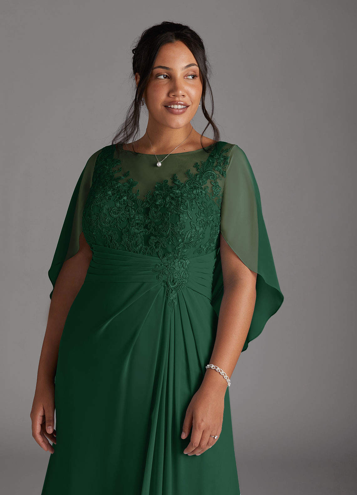 Azazie Hera Mother of the Bride Dresses Dark Green A-Line Lace Capelet Chiffon Dress image10