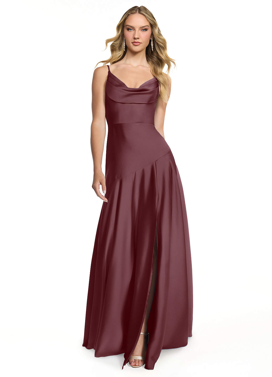 Azazie Kayla Bridesmaid Dresses Sangria Sheath Side Slit Stretch Satin Dress image1