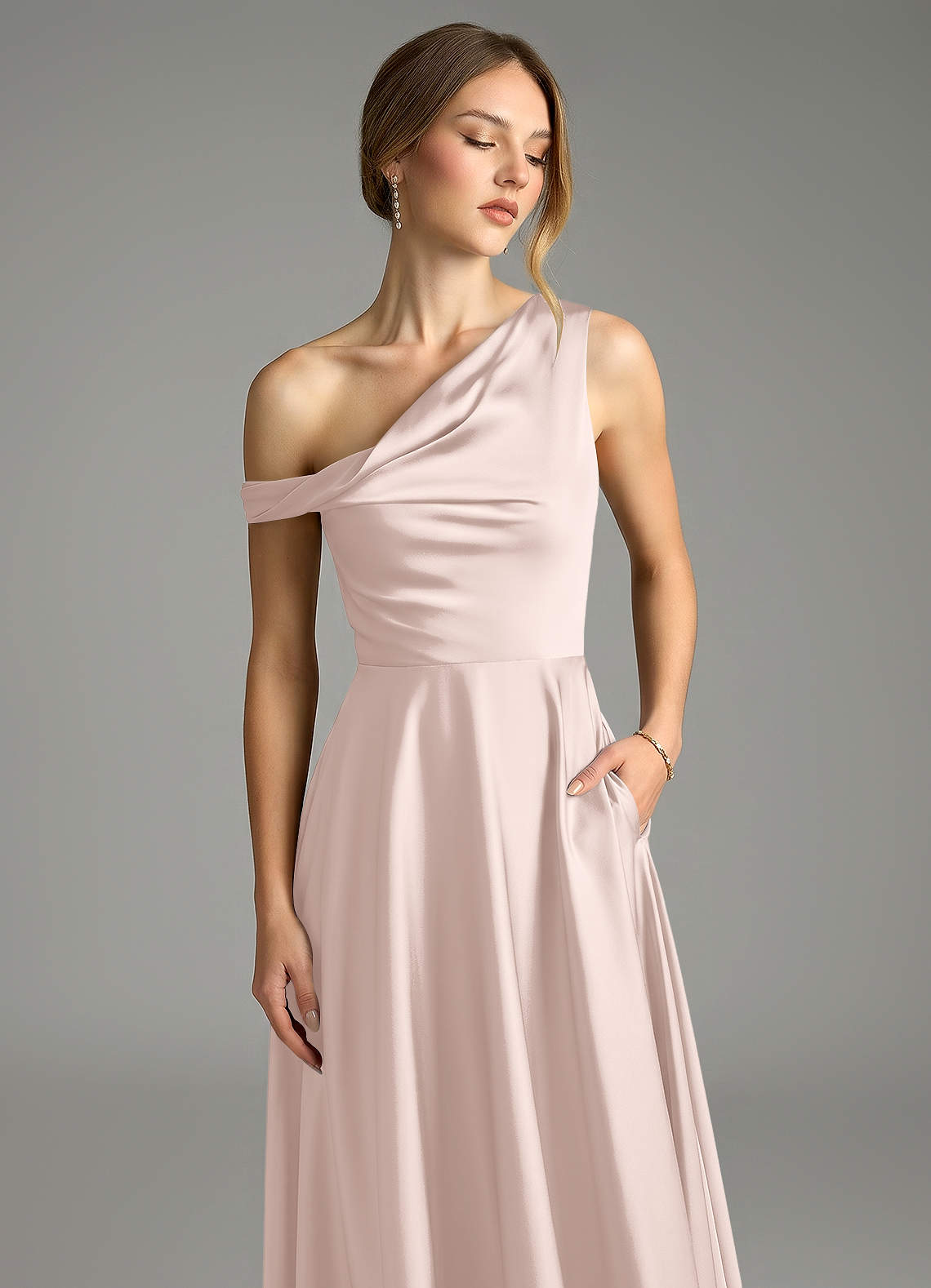 Azazie Xanthe Bridesmaid Dresses Blushing Pink A-Line Off the Shoulder Stretch Satin Dress image4