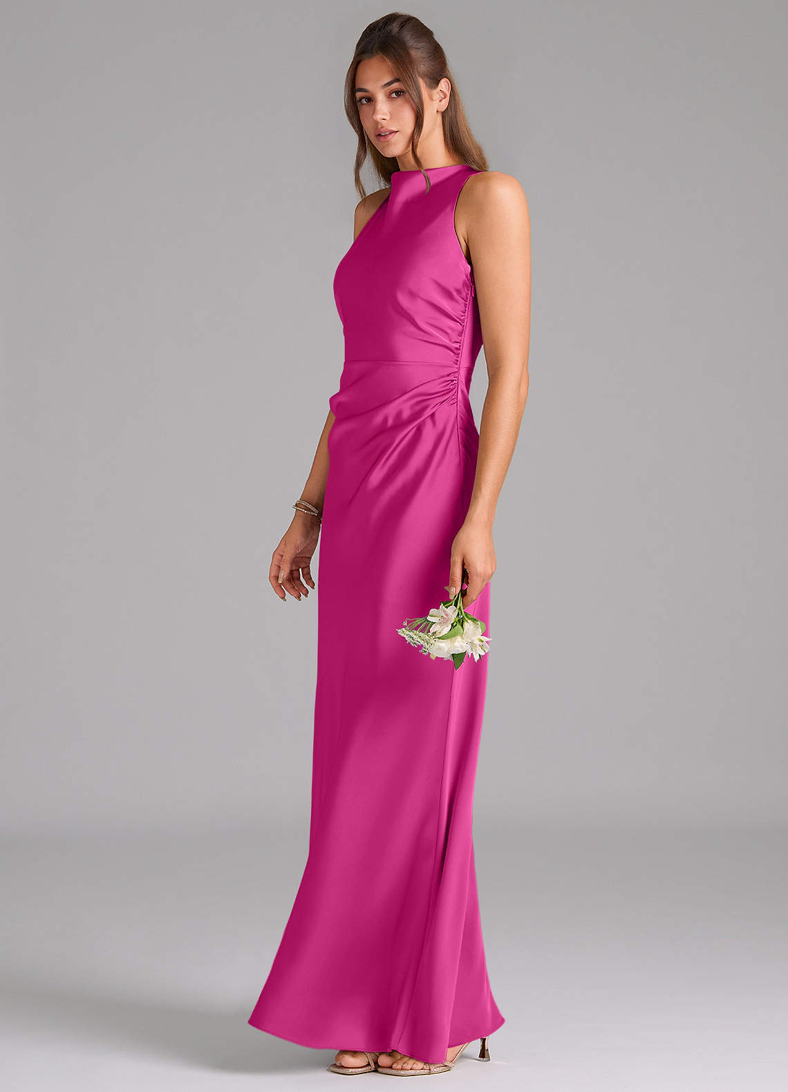 Azazie Evadne Bridesmaid Dresses Fuchsia A-Line Pleated Stretch Satin Dress image1