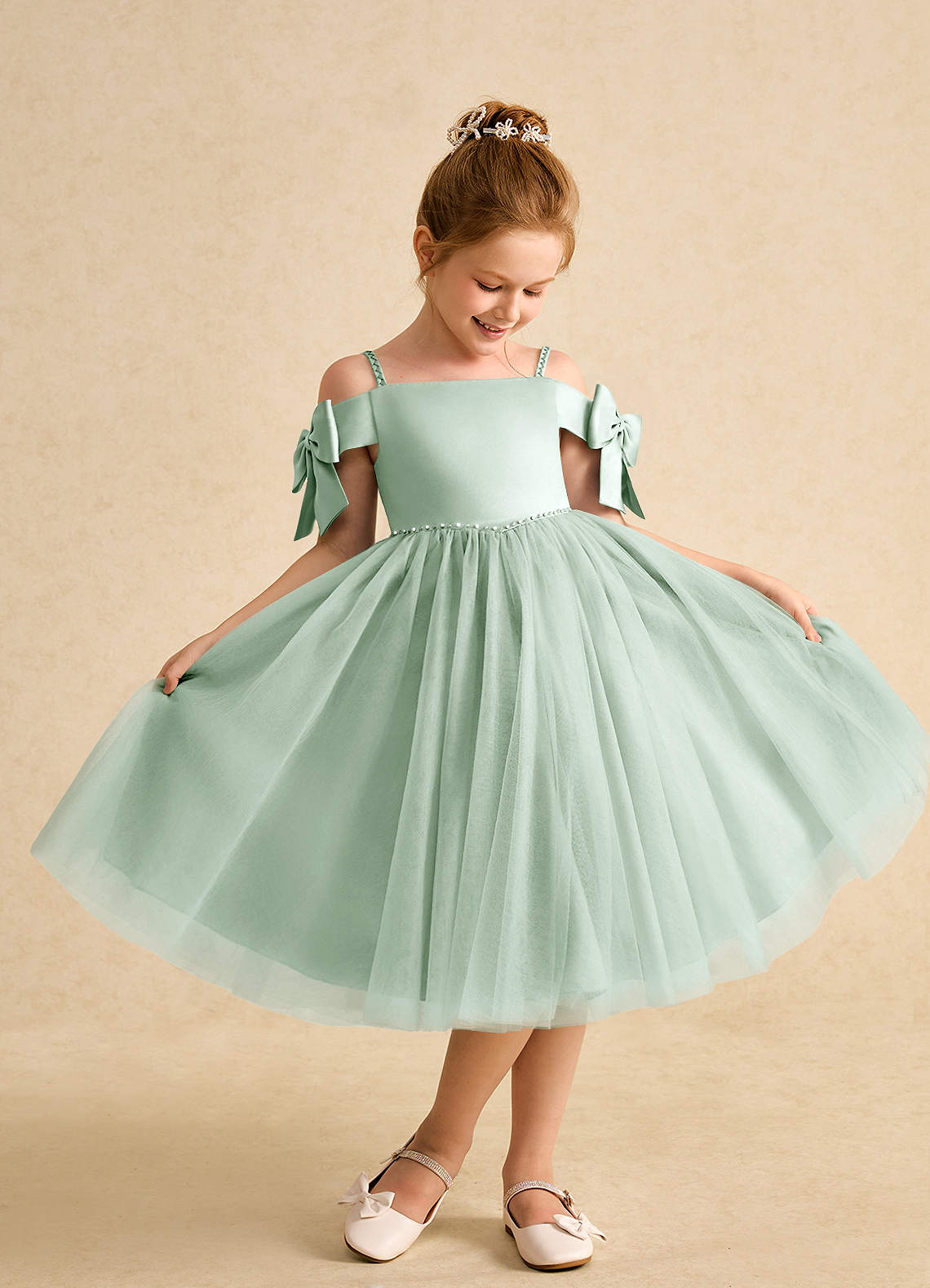 Azazie Amie Flower Girl Dresses Agave A-Line Off the Shoulder Matte Satin Dress image1