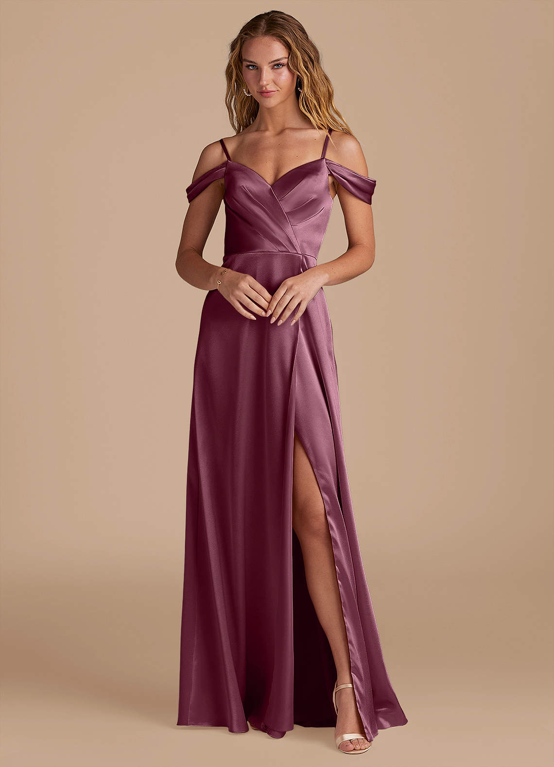 Azazie Ocean Bridesmaid Dresses Cabernet A-Line Off the Shoulder Metallic Satin Dress image1